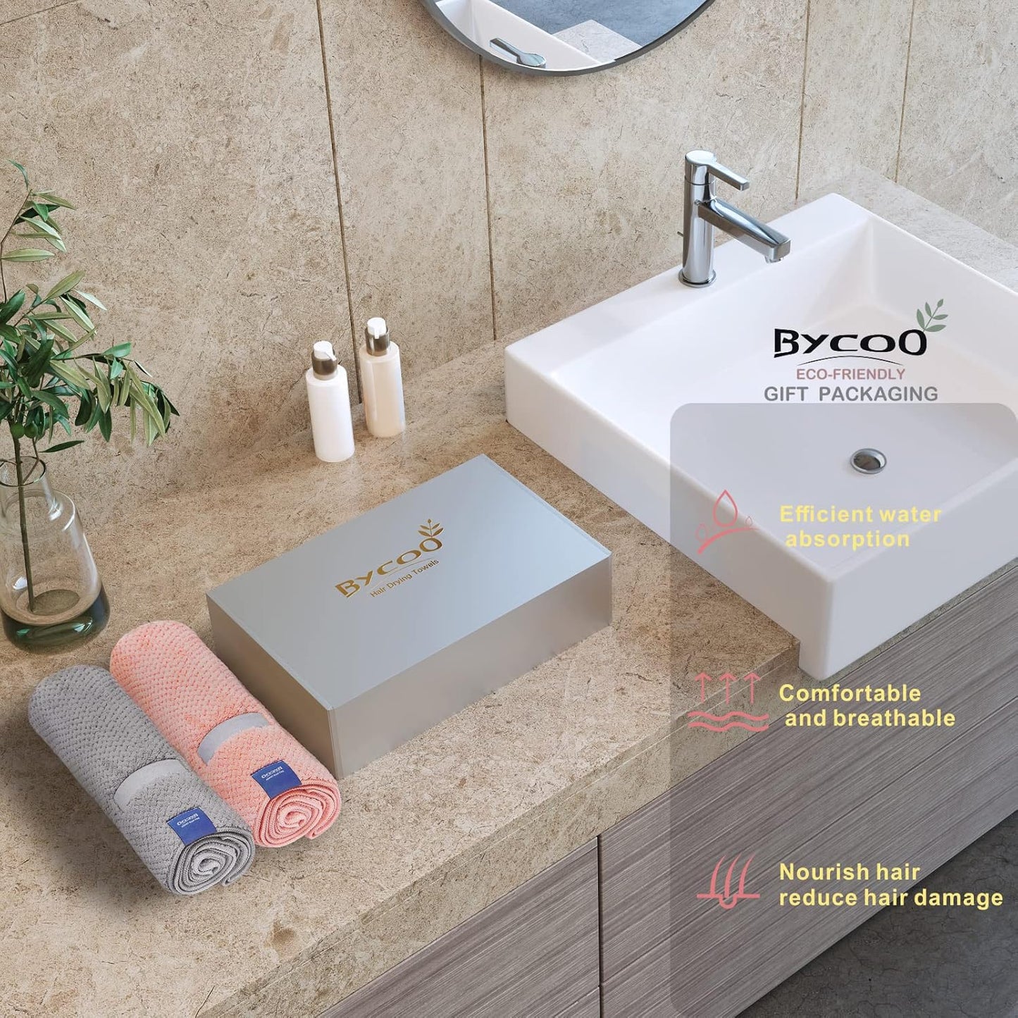 2 Pack Large Microfiber Hair Towel Wrap for Women, Anti Frizz Hair Drying Towels, Fast Dry Hair Turban - for Wet, Long, Thick, Curly Hair - Super Absorbent Soft Towels - Gray & Pink