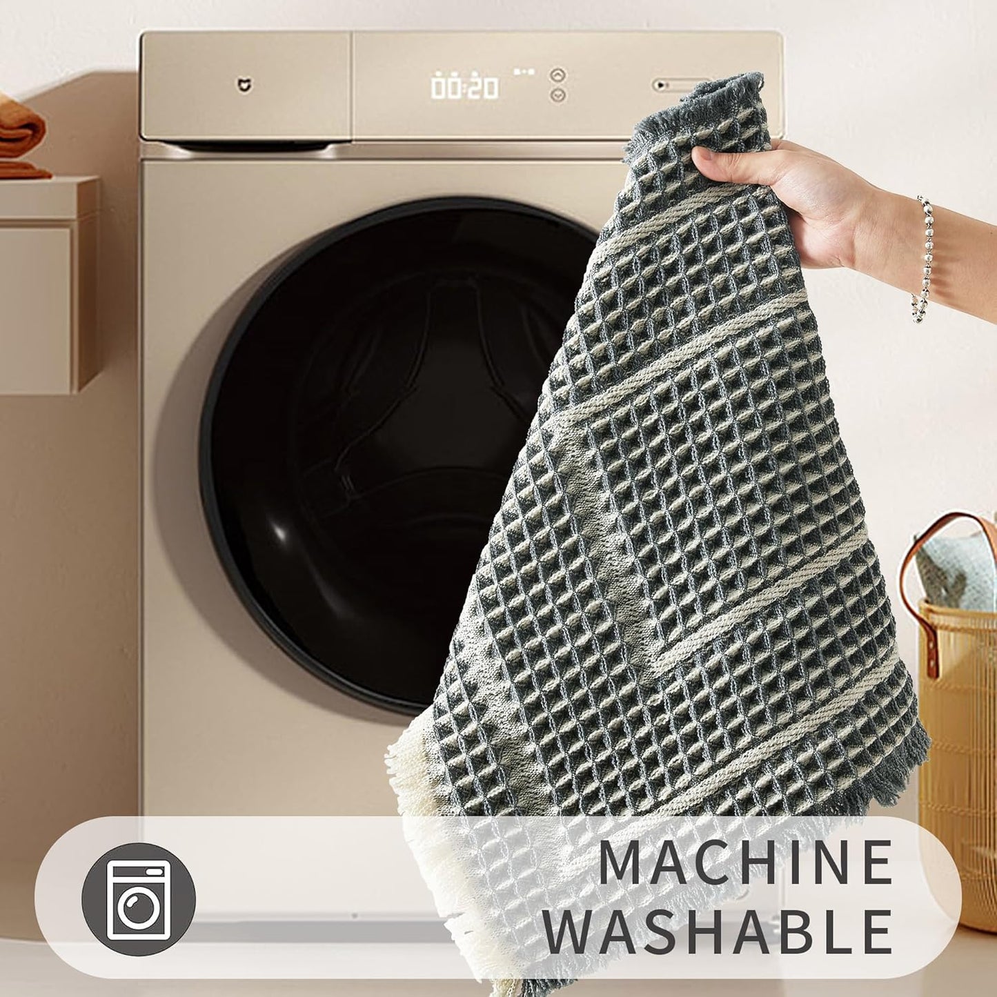 Woven Bath Mat, Upgraded Self Drying Non Slip Mat, Washable for Floor, Ultra Soft, Bluish Grey & Yellow, 19"*48" Waffle Weave