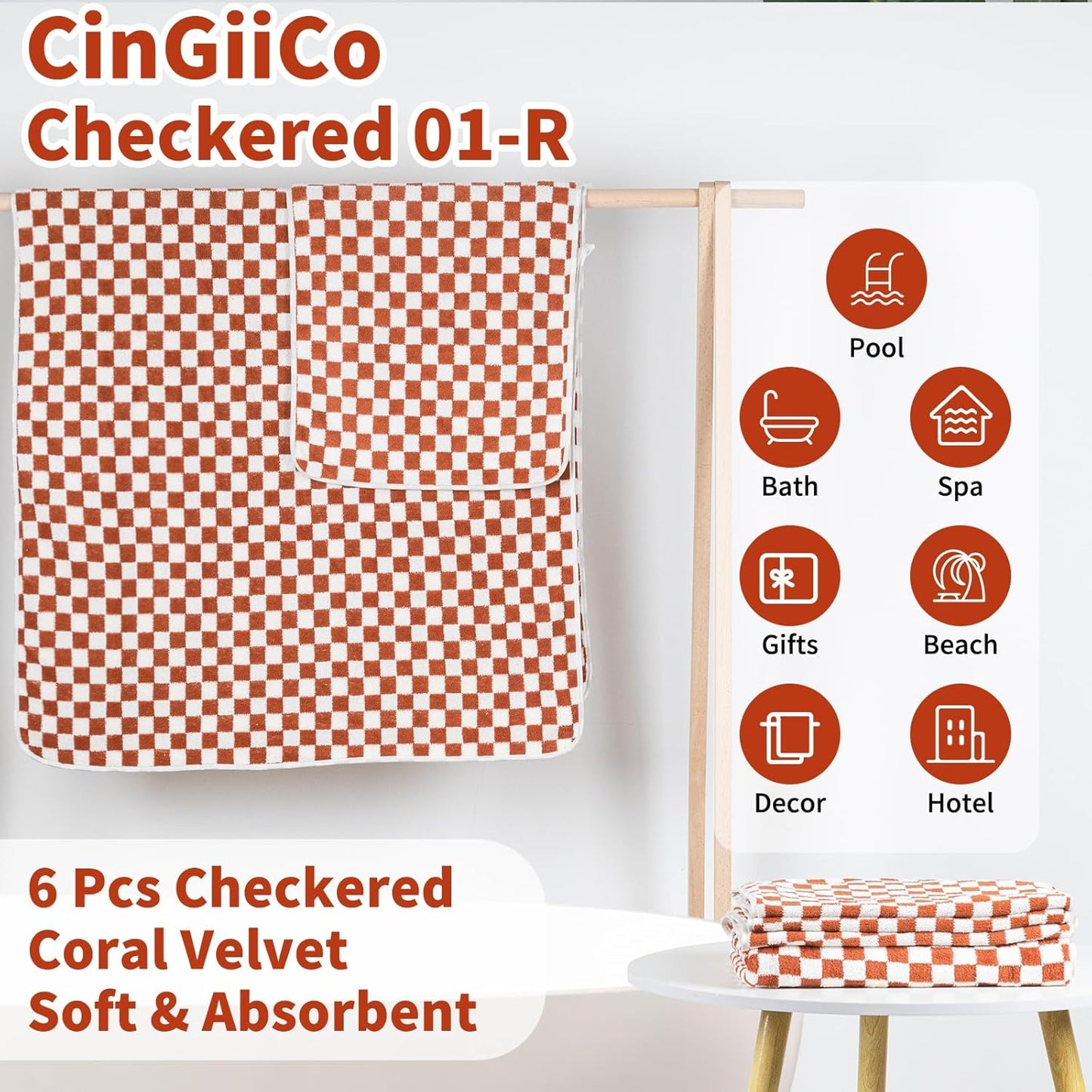 Checkered Bath Towels Set of 6 Large, Microfiber Shower Towels * 2 (55.12"*27.56"), Hand Towels * 4 (29.52"*13.77"),Towels for Bathroom、Pool、Hotel, Spa, Soft Absorbent Quick-Dry(Red