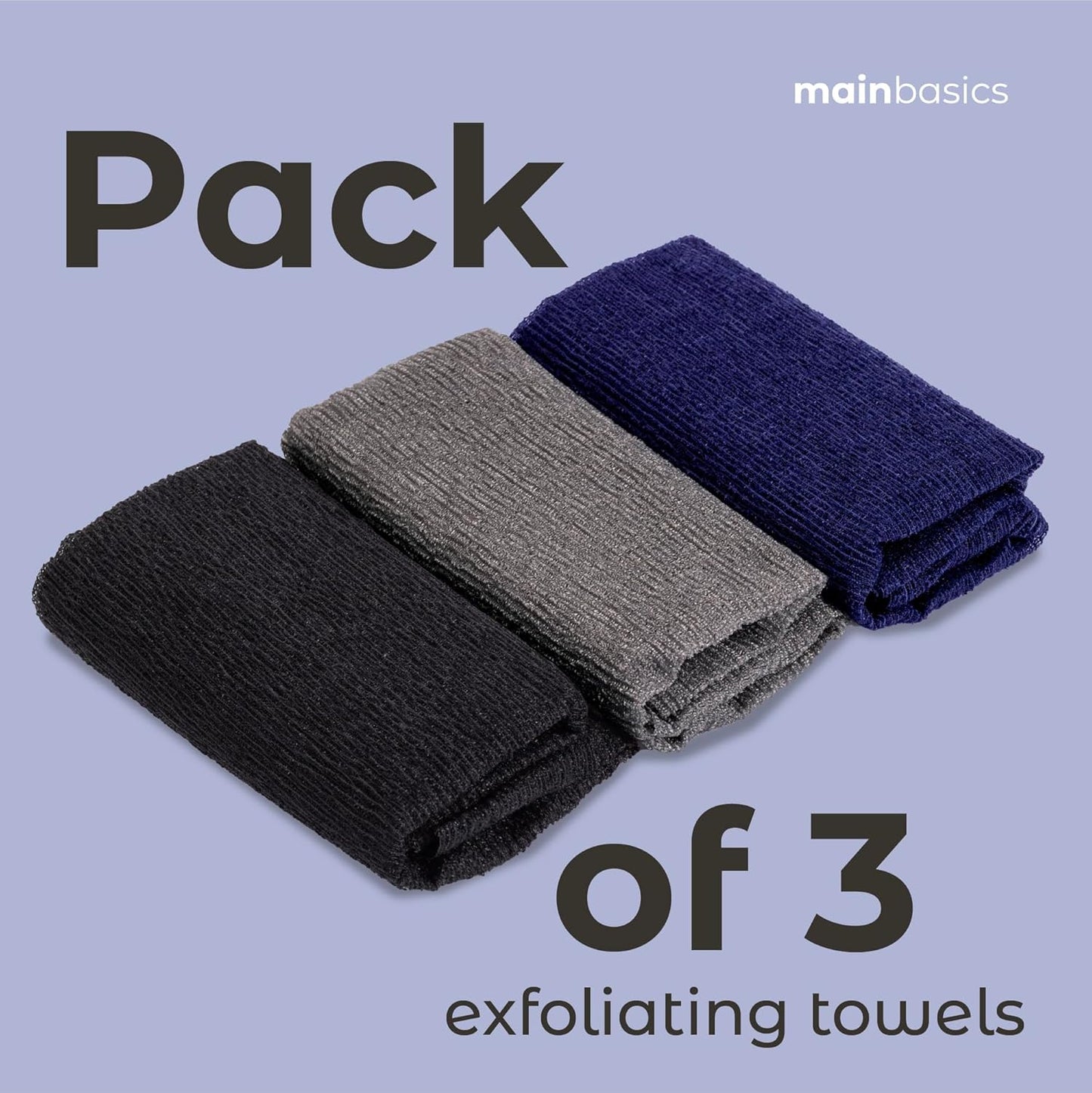 MainBasics Exfoliating Shower Towel - Japanese Nylon Bath Towel and Body Washcloth, Quick-Dry, Durable, Deep Exfoliation (Set of 3, Black Ice)