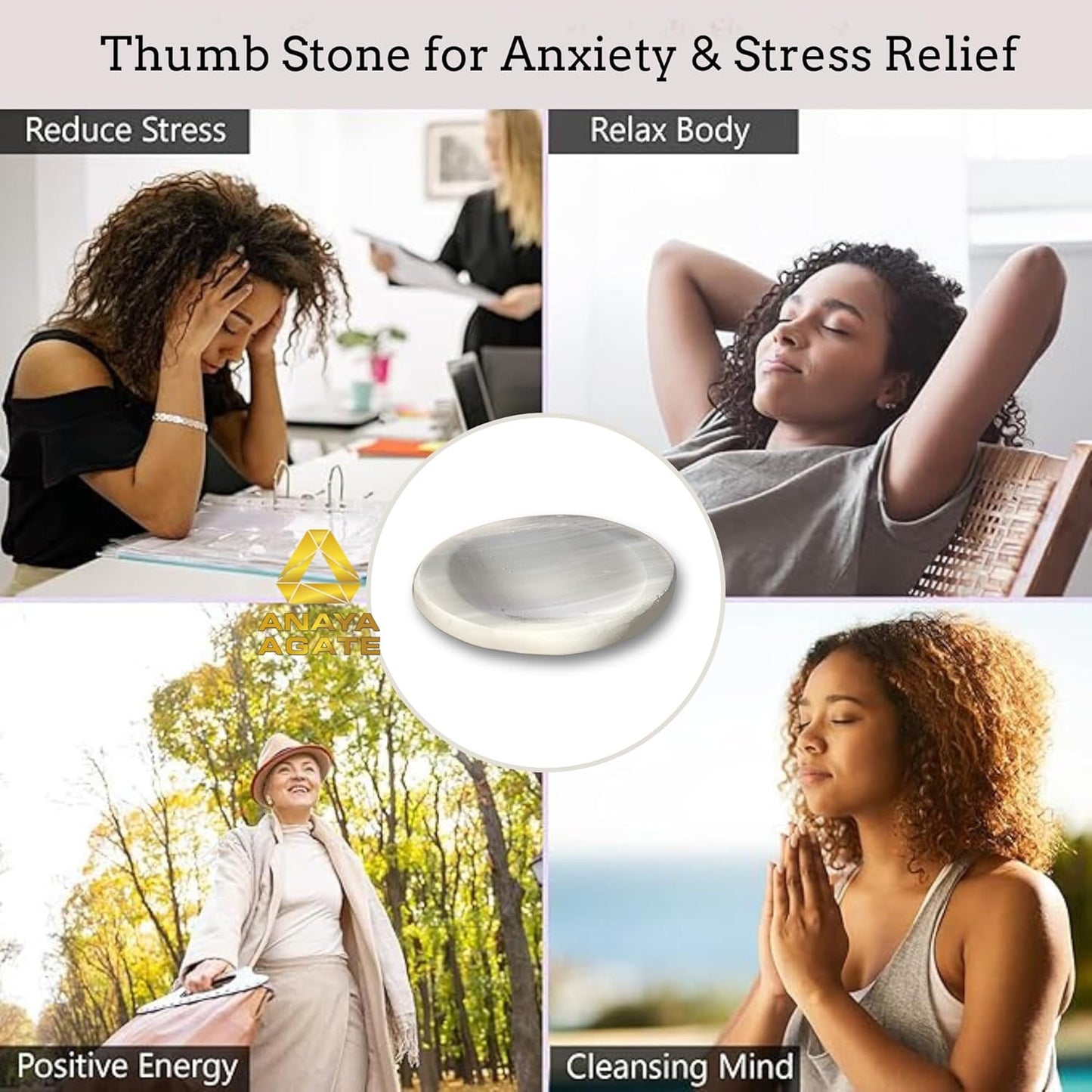 Selenite Worry Stones – Crystal Thumb Worry Stone for Anguish, Stress – Relaxing and Soothing Balance Stones for Meditation, Stress Relief – Healing Stones and Crystals for Men and Women