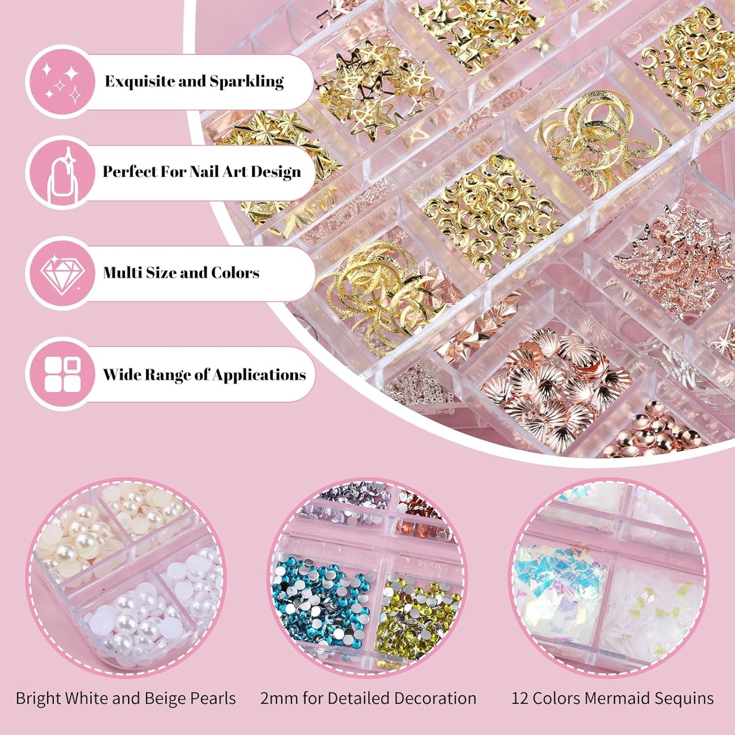 10 Boxes Nail Art Kit - 12 Colors Pointed/Flatback Rhinestones, 3D Gold/Silver/Rose Nail Studs, White Beige Half Pearls, Holographic Glitter & Foils + 3 Tools for DIY Nail Art Jewels & Crafts