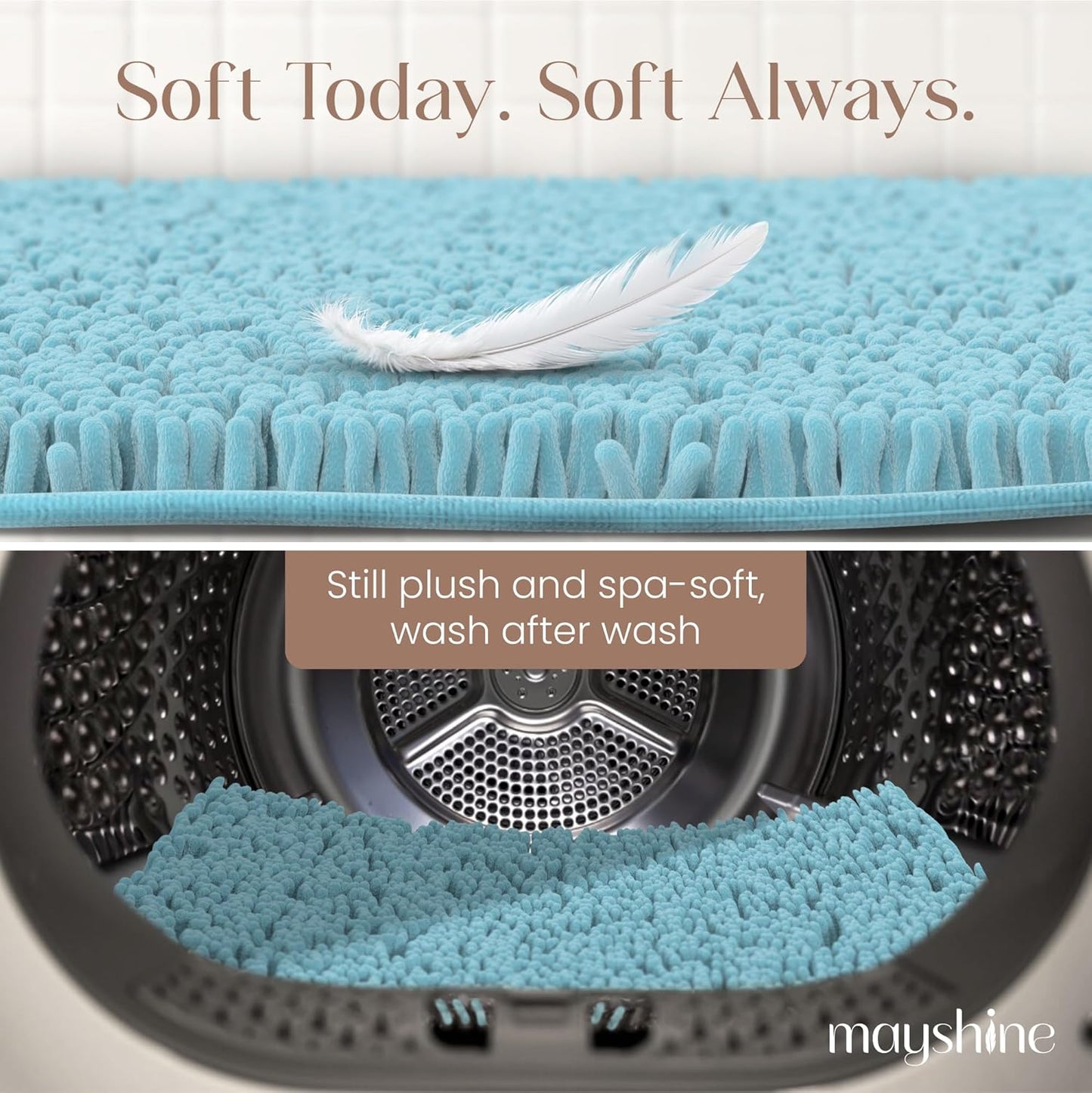 MAYSHINE Plush Shaggy Chenille Bath Mat | Extra Soft, Super Absorbent, Non-Slip Bathroom Rug | Fluffy Microfiber, Area Rug Sets for Bathroom Floor, Kitchen, Living Room | 47"x27" | Spa Blue