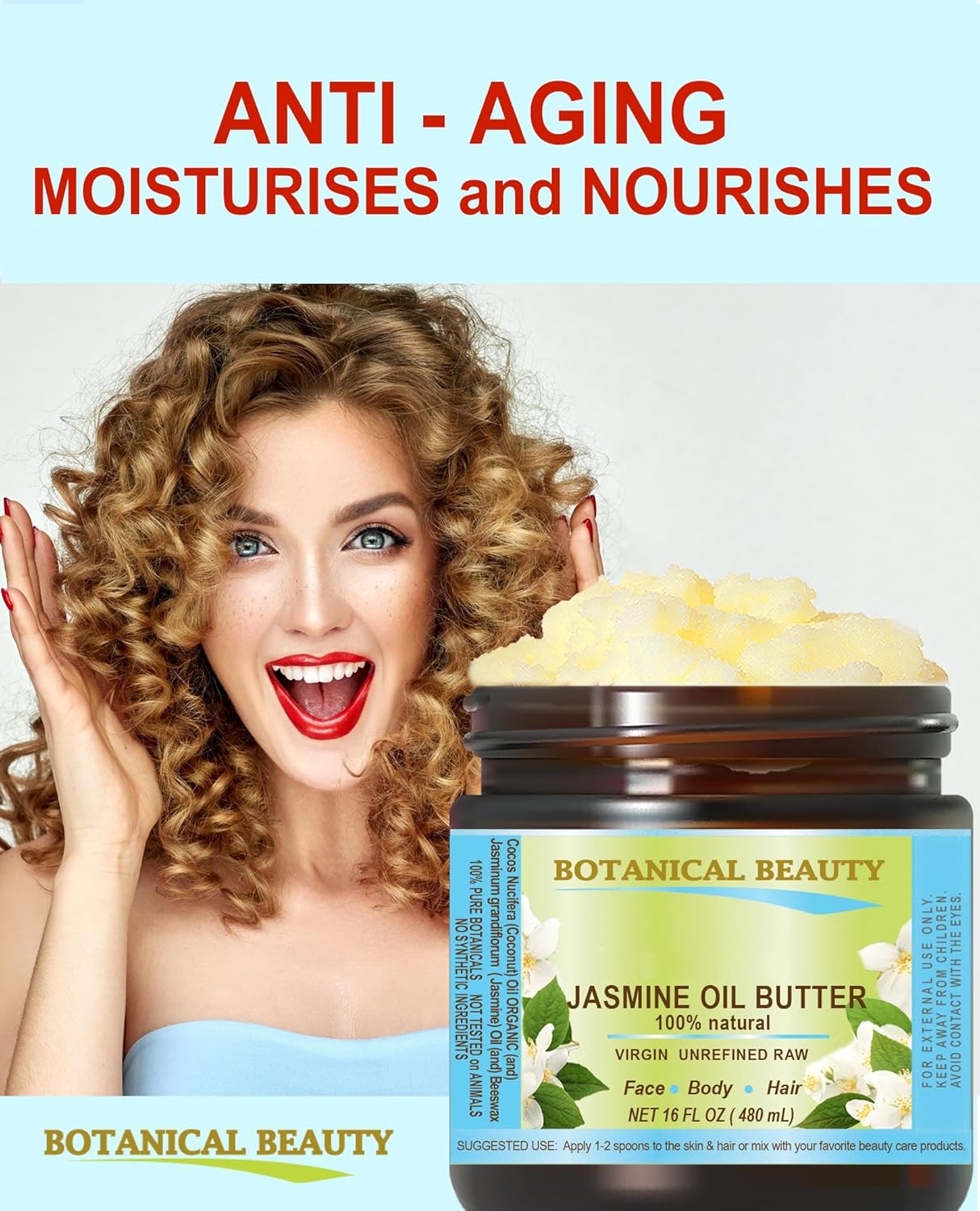 Botanical Beauty JASMINE OIL BUTTER Pure Natural Virgin Unrefined RAW for FACE, SKIN, BODY, DAMAGED HAIR, NAILS. (16 Fl Oz)