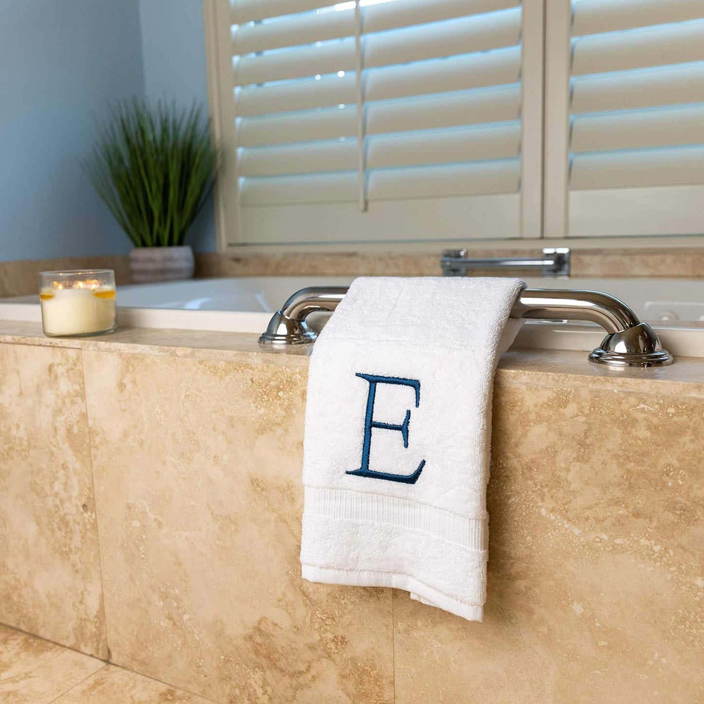 Monogrammed Hand Towels for Bathroom - Luxury Hotel Quality Personalized Initial Decorative Embroidered Bath Towel for Powder Room, Spa - GOTS Organic Certified - Set of 2 Navy Letter E