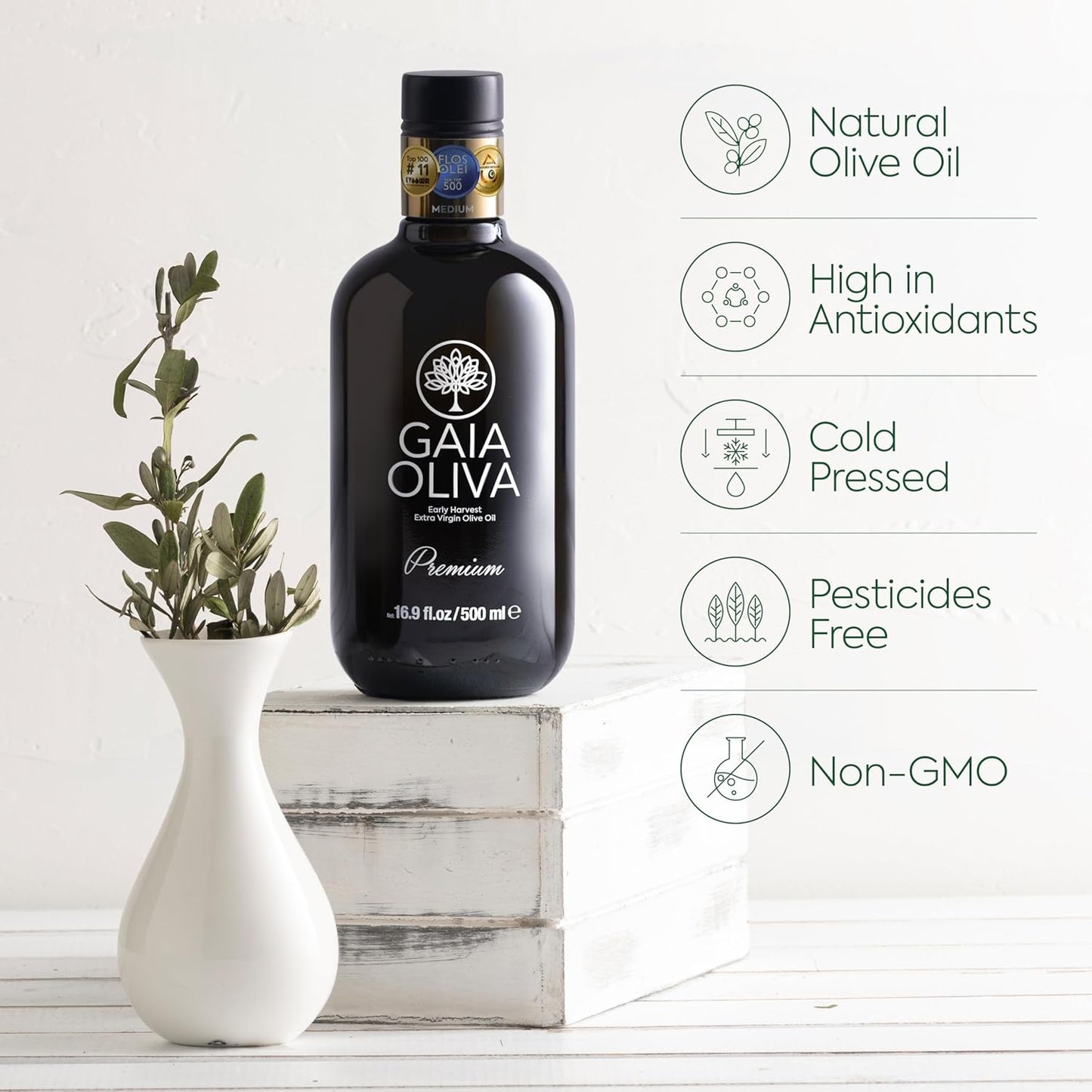 Gaia Oliva Cold Press Extra Virgin Olive Oil, Early Harvest Fruity Flavor Fresh Premium Olive Oil from Aegean Region, Aeite De Oliva Extra Virgen, Awardwinning - 500ml