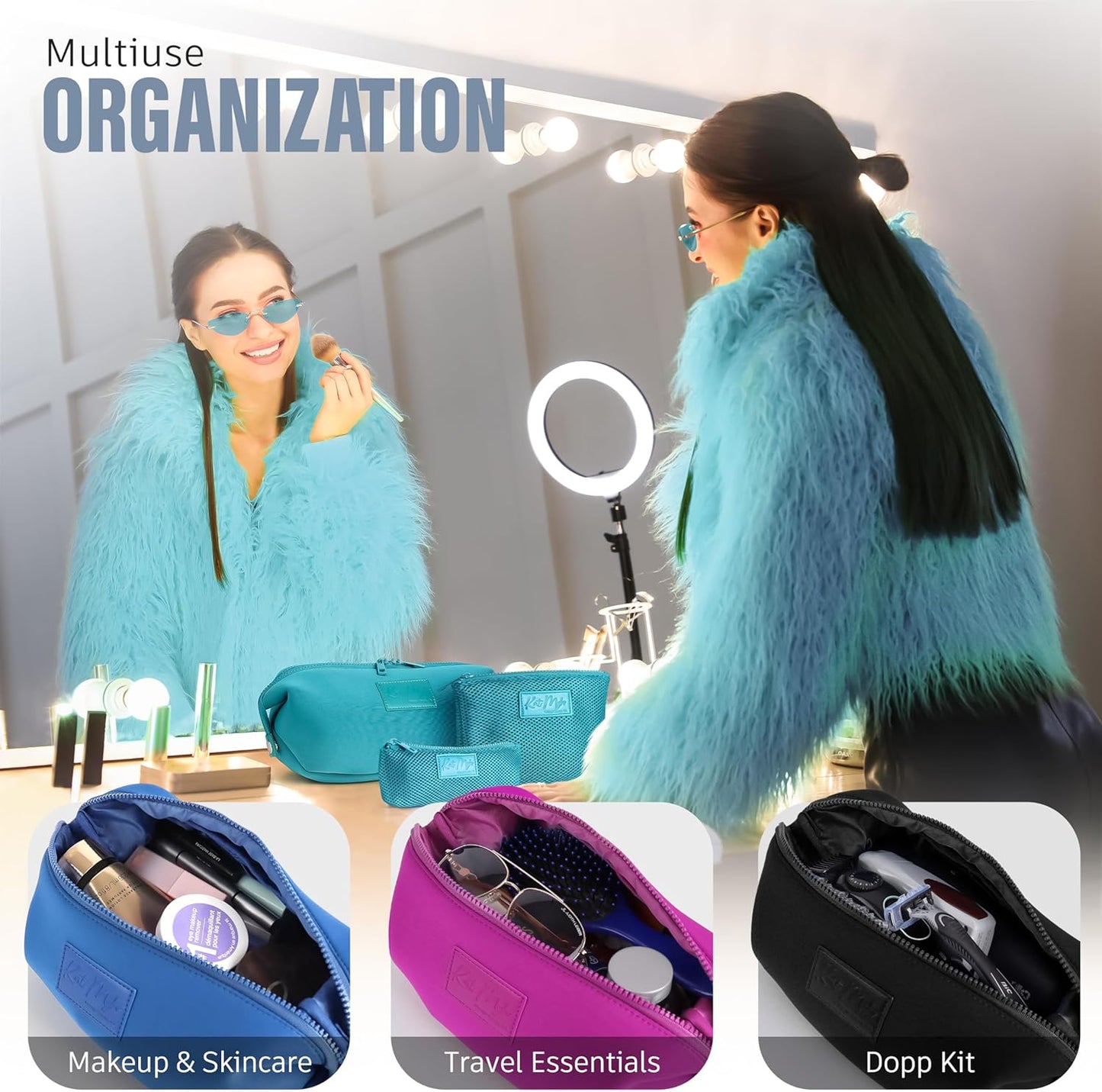 Kat Myhr Neoprene Washable Travel Makeup & Cosmetic Bag Set, 2 Air Mesh Pouches,100% Neoprene Toiletry Bag, Large Water Resistant Travel Bag for Toiletries, Makeup Cosmetic Travel Bag (Turquoise)