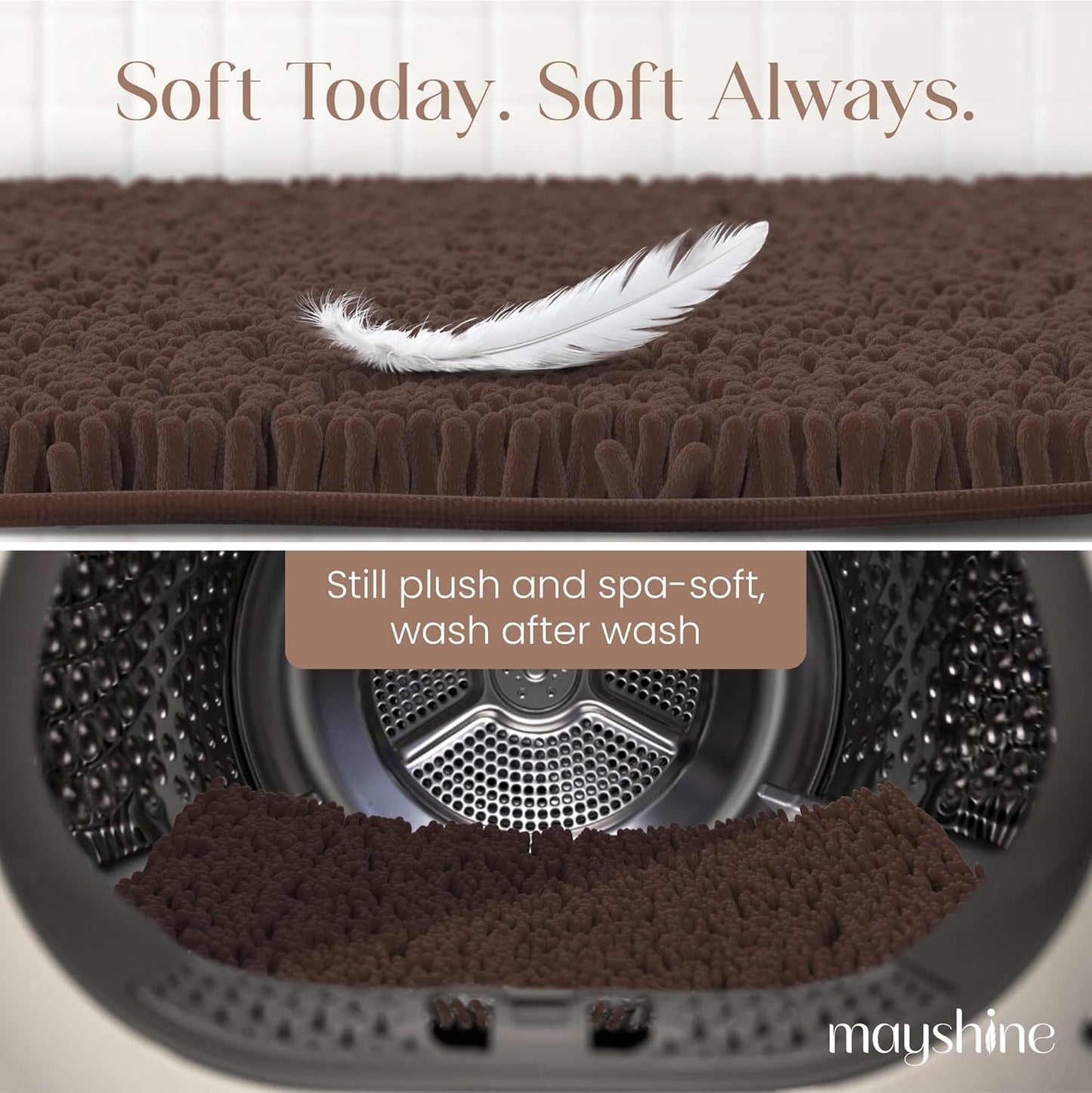 MAYSHINE Plush Shaggy Chenille Bath Mat | Extra Soft, Super Absorbent, Non-Slip Bathroom Rug | Fluffy Microfiber, Area Rug Sets for Bathroom Floor, Kitchen, Living Room | 23"x14" | Brown