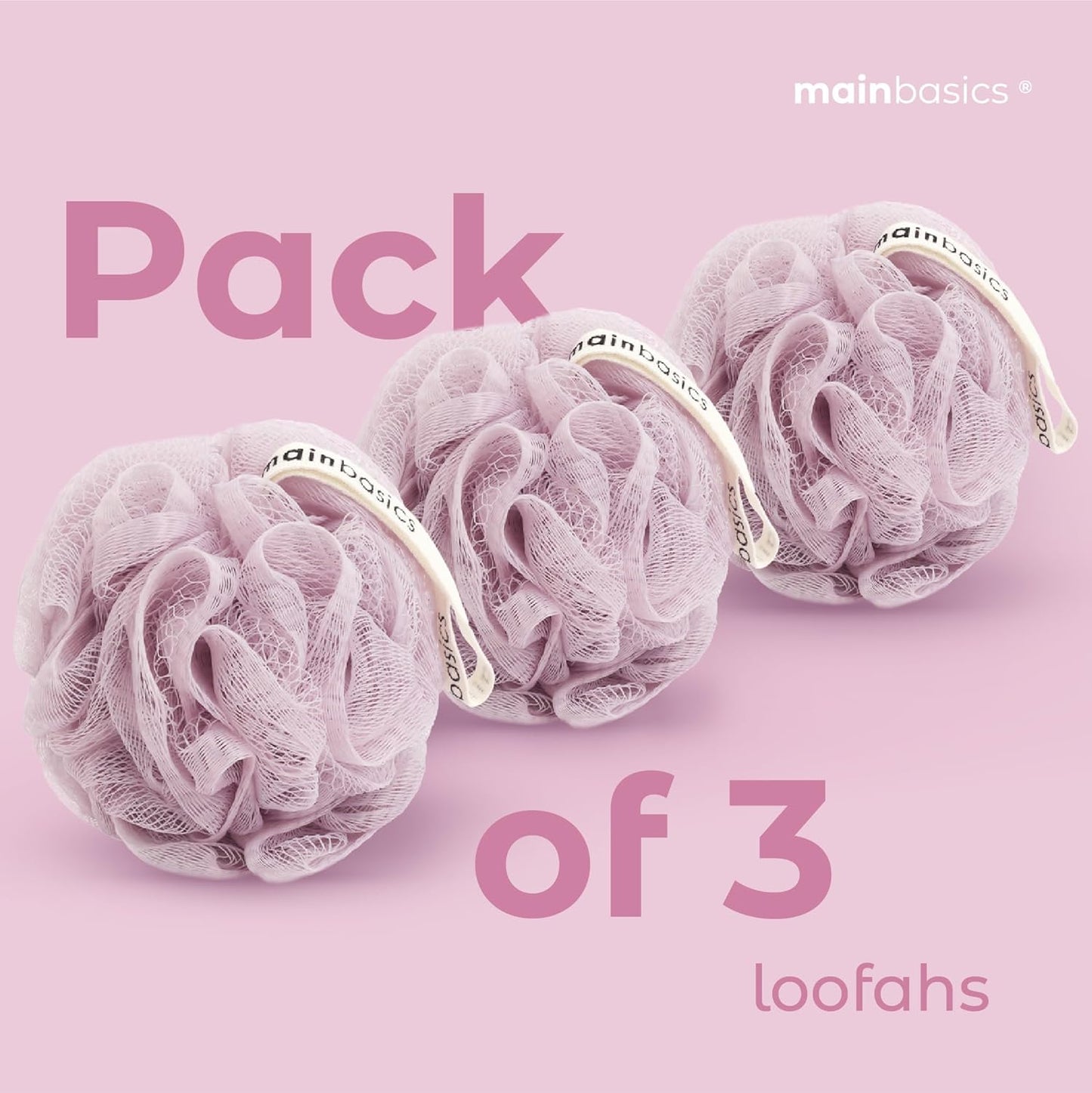 MainBasics Bath Shower Loofah Sponge Pouf Body Scrubber Exfoliator Body Wash Sponge (Set of 3, Perfectly Pink)