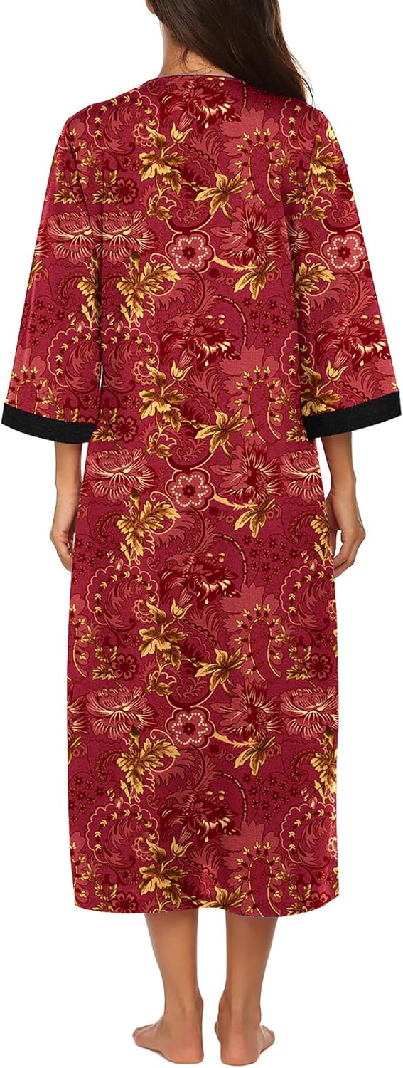 Ekouaer Women Zipper Robe 3/4 Sleeves Loungewear Dress Full Length Sleepwear Pockets Housecoat Nightgown Long Bathrobe