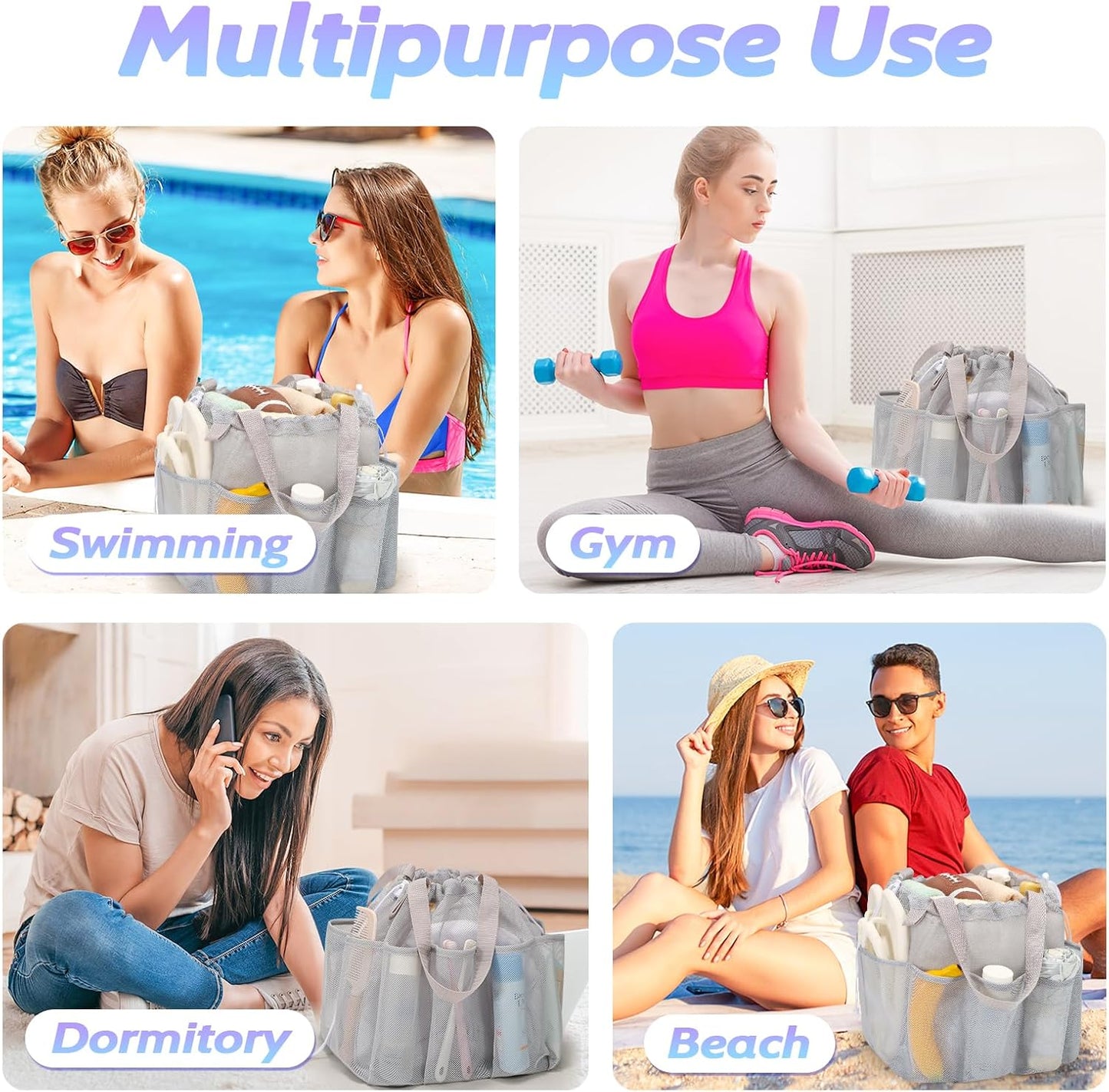 Mesh Shower Caddy Portable with Drawstring, Dorm Room Essentials for College Students, Grey Shower Bag for Camping,Swimming,Gym,Travel,Bathroom