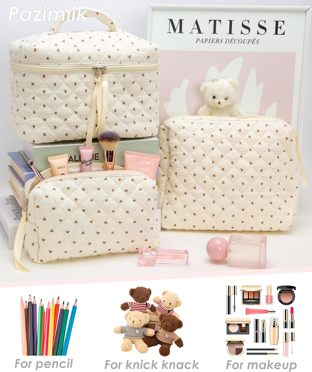 PAZIMIIK 3PCS Makeup Bag SET Large Travel Quilted Zipper Soft Cosmetic Case Pouch for Women Girls Make Up,Gauze Heart Coffee