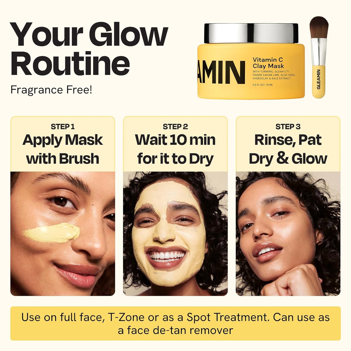 Gleamin Vitamin C Clay Mask for Dark Spots, Turmeric Clay Face Mask Skin Care, Deeply Cleanses & Refines Pores, Brightens Uneven Tone and Helps Improve Post-Blemish Scarring & Texture, Up to 20 Uses