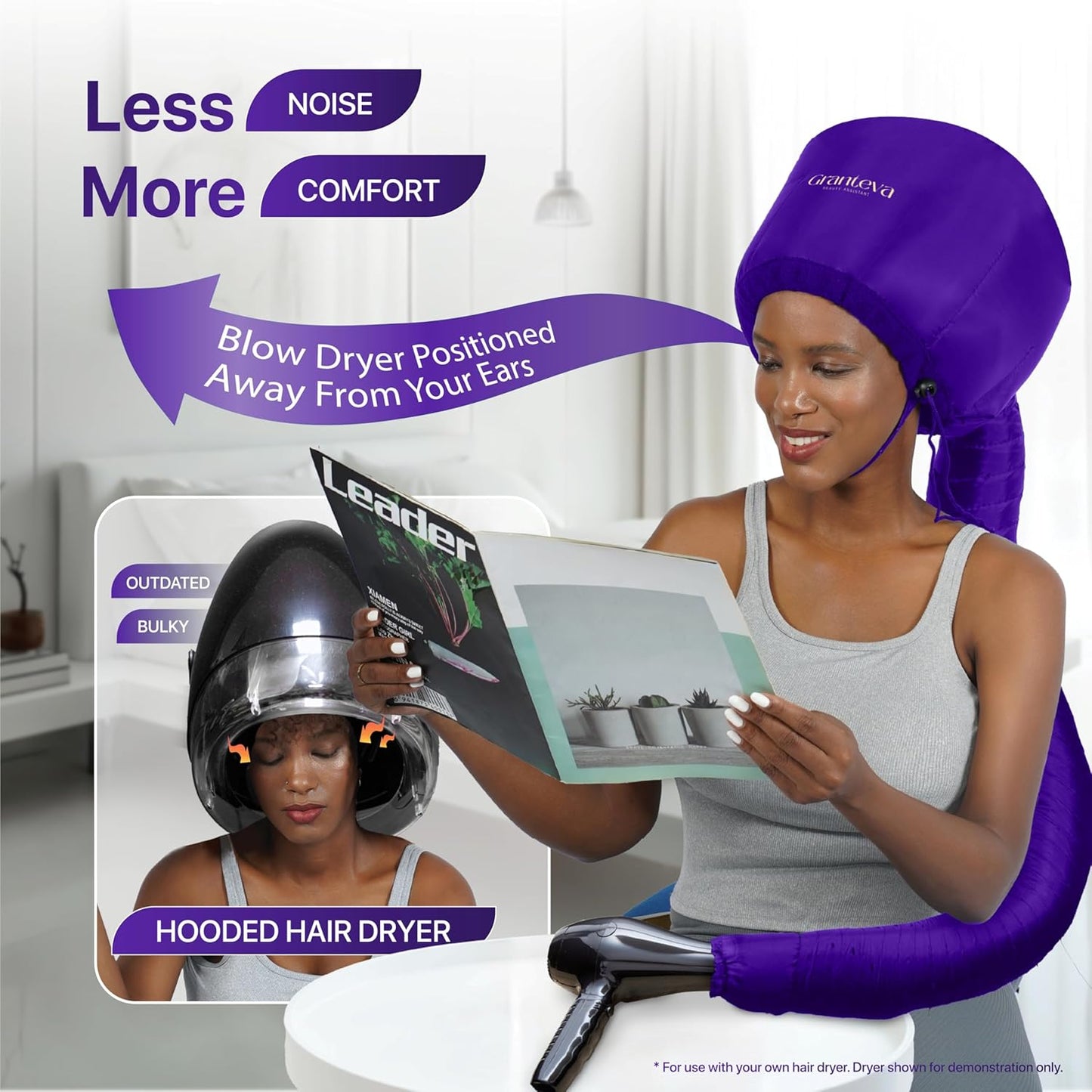 Bonnet Hair Dryer Attachment w/A Headband Integrated That Reduces Heat Around Ears & Neck - Diffuser Cap for Hair Dryer Curly Hair, Speeds Up Drying Time, Deep Conditioning at Home - Large (Purple)