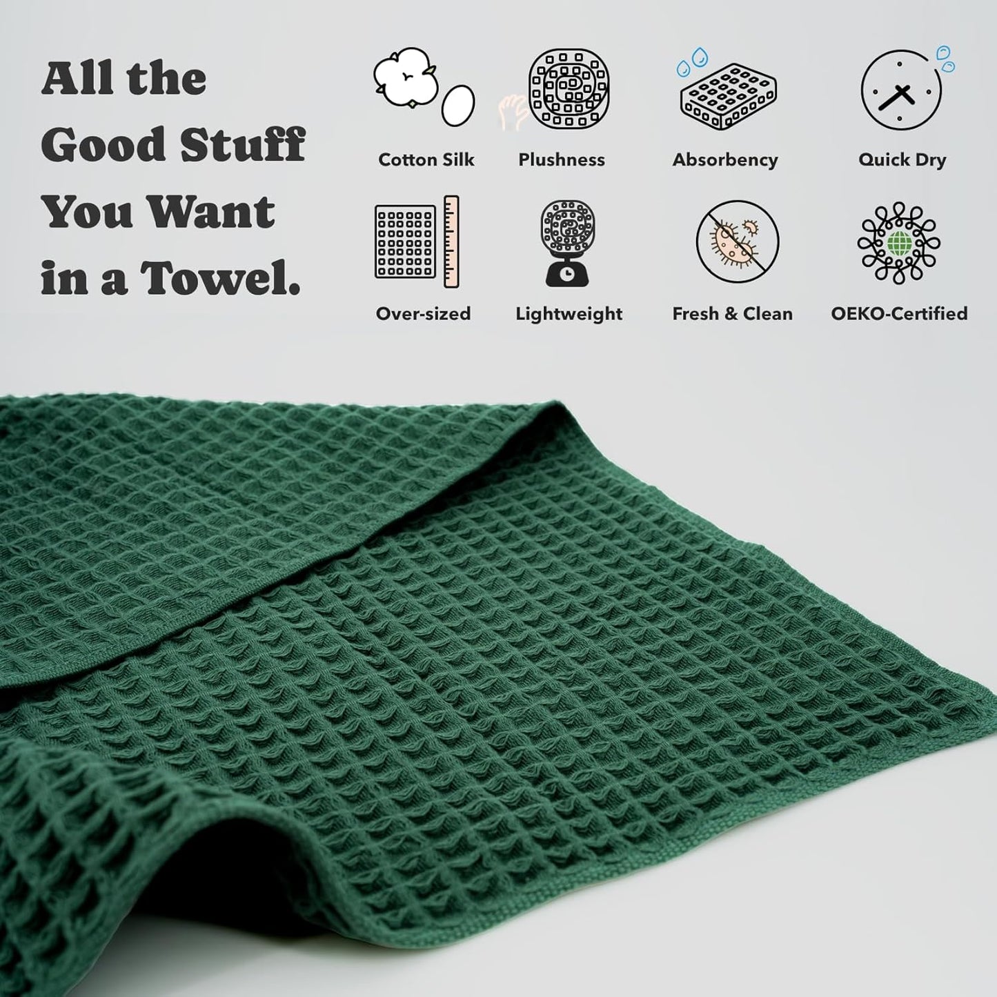 Luxury Japanese Cotton Waffle Bath Towel | Plush, Absorbent, and Quick Dry | Free Storage Bag Included (Forest Green, Bath Towel Set (3-Piece))