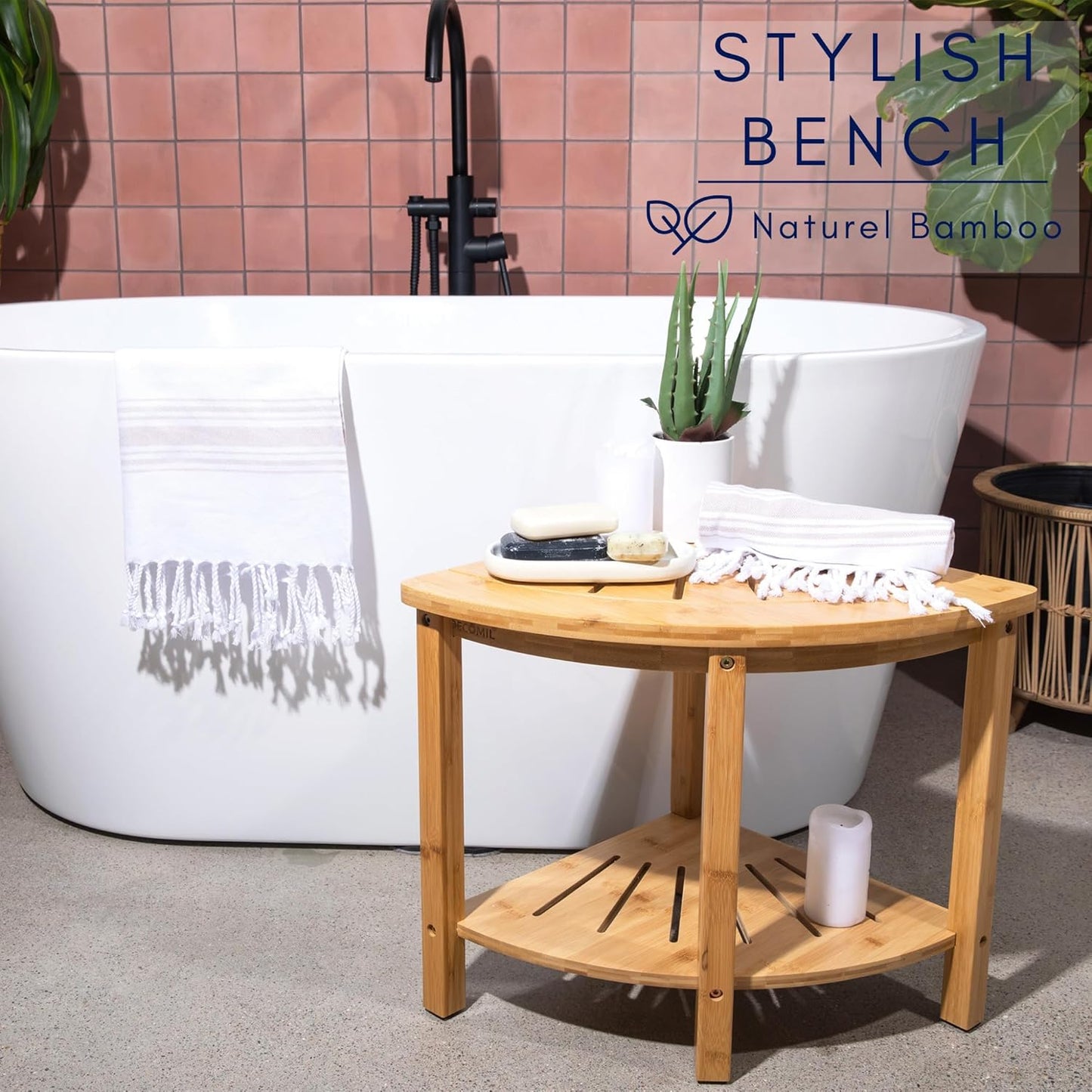 DECOMIL - Bamboo Corner Shower Bench, Bathroom Shower Stool with Storage, Nonslip Feet & Waterproof Bench, Perfect for Bath, Spa and Home Décor