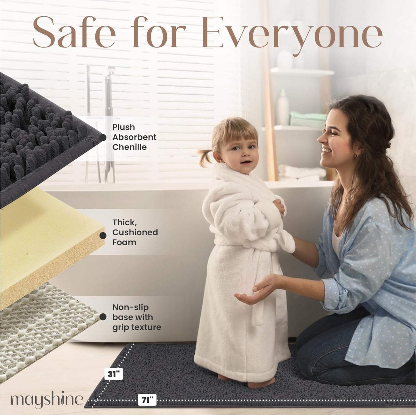 MAYSHINE Plush Shaggy Chenille Bath Mat | Extra Soft, Super Absorbent, Non-Slip Bathroom Rug | Fluffy Microfiber, Area Rug Sets for Bathroom Floor, Kitchen, Living Room | 71"x31" | Charcoal Gray