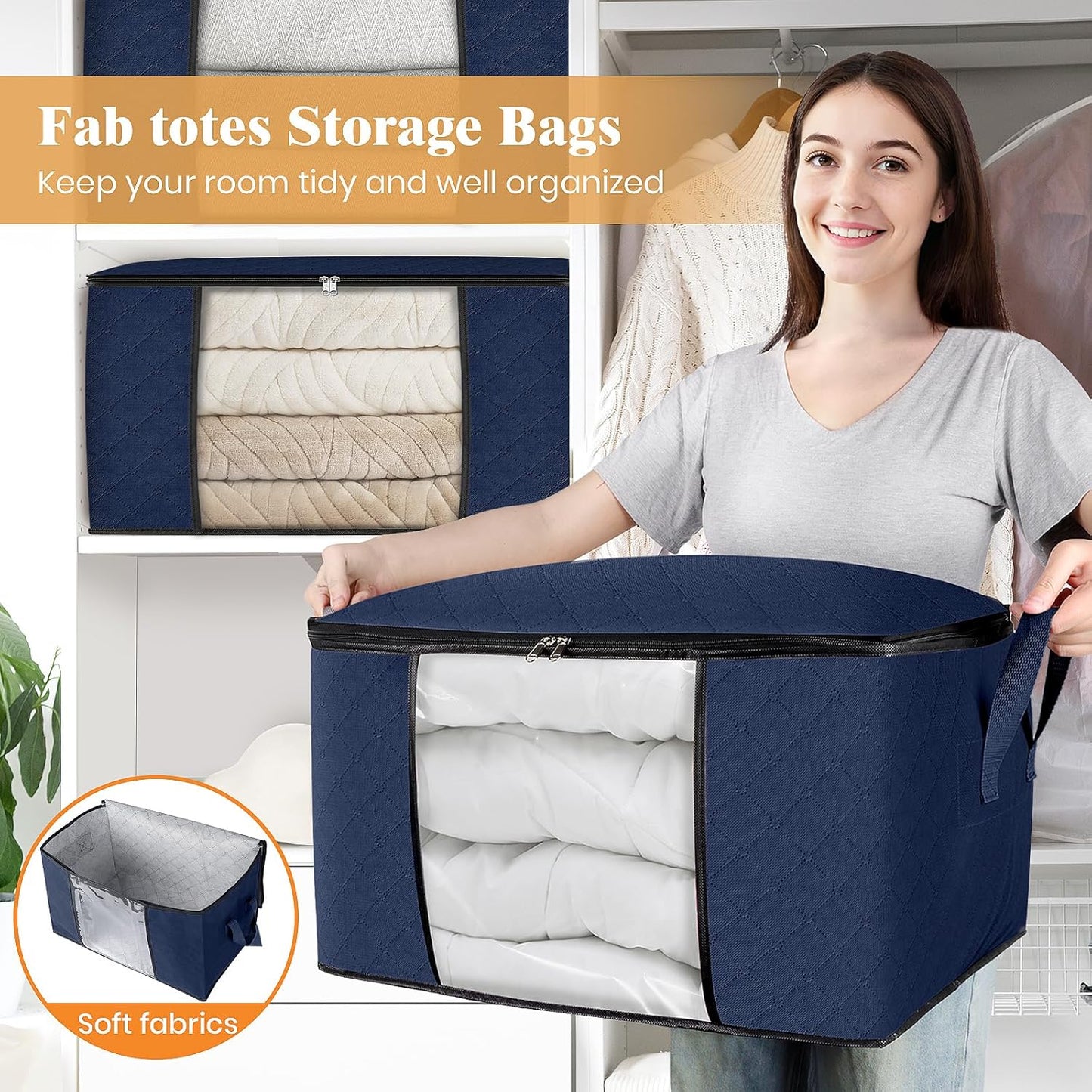 Fab totes 8 Pack Clothes Storage, Foldable Thick Fabric Blanket Storage Bags, Containers for Organizing Bedroom, Closet, Clothing, Comforter,Closet Organization with Handle,Blue