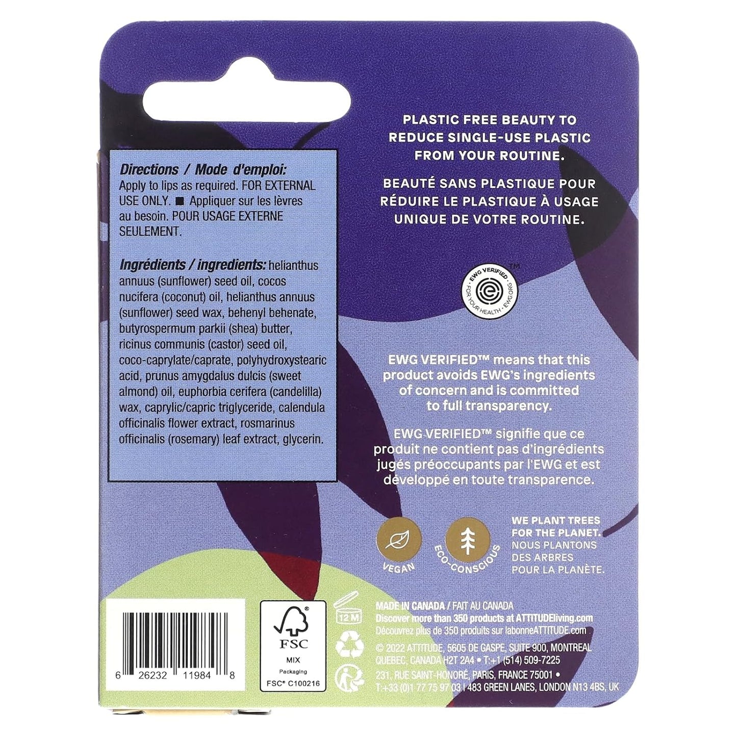 ATTITUDE Lip Balm, Natural Origin, Nourishes & Protects, Shea Butter, Coconut & Castor Oils, EWG Verified, For Dry Lips, Men and Women, Vegan, Unscented, 0.3 Oz