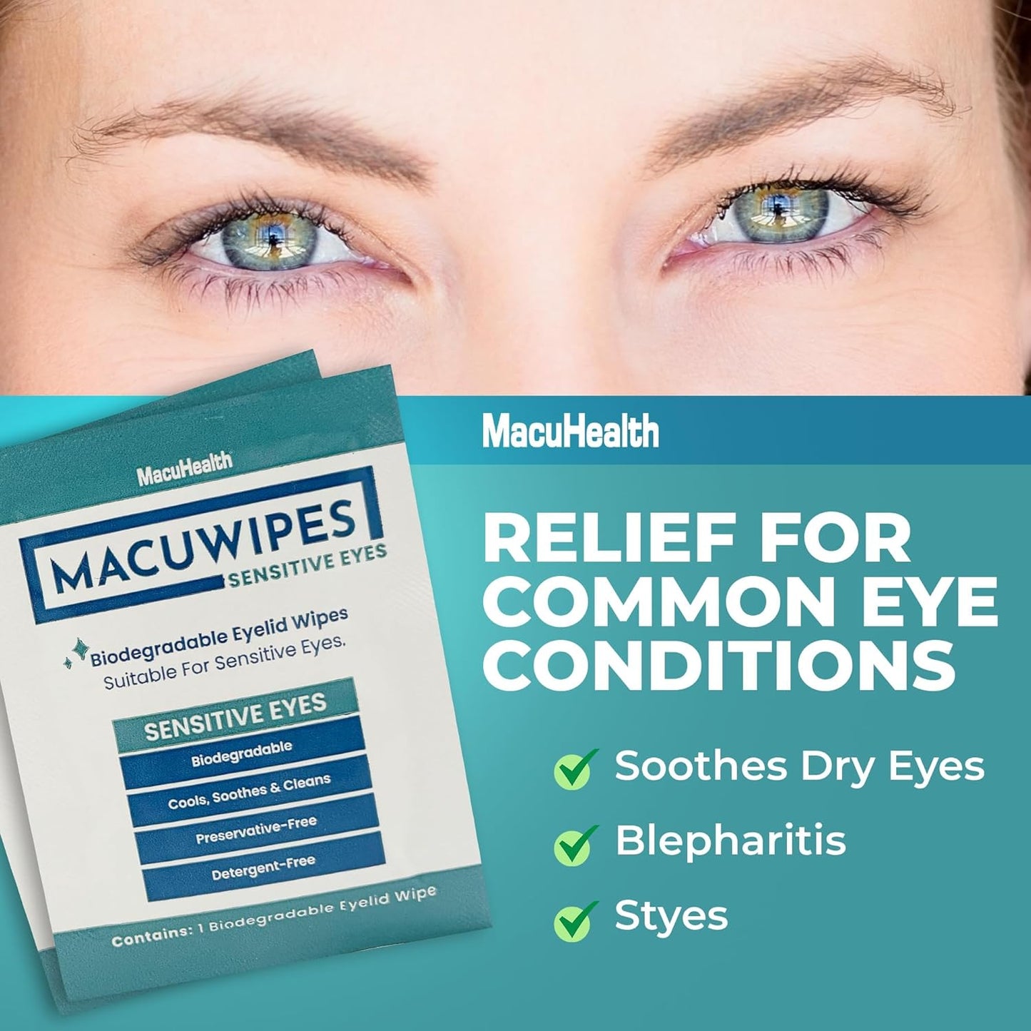 MacuHealth MacuWipes Sensitive - Pre-Moistened Eyelid Wipes for Dry, Sore & Gritty Eyes, Alcohol-Free, Rinse-Free Formula with Tea Tree Oil & Micellar Water, Individually Wrapped - 20 Count