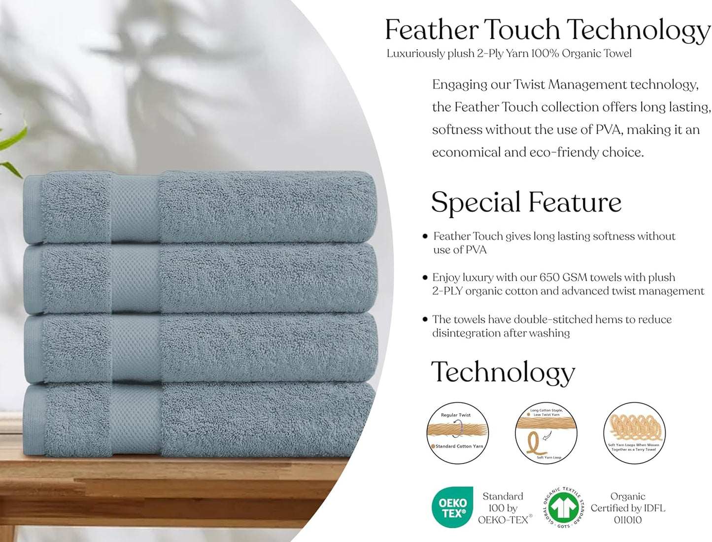 Delara 100% Organic Cotton Towels 650 GSM Plush Feather Touch Quick Dry Bath Sheet, Pack of 2 GOTS Certified, Oeko-Tex Green Certified, Organic Cotton Bath Sheet, 36"X70"