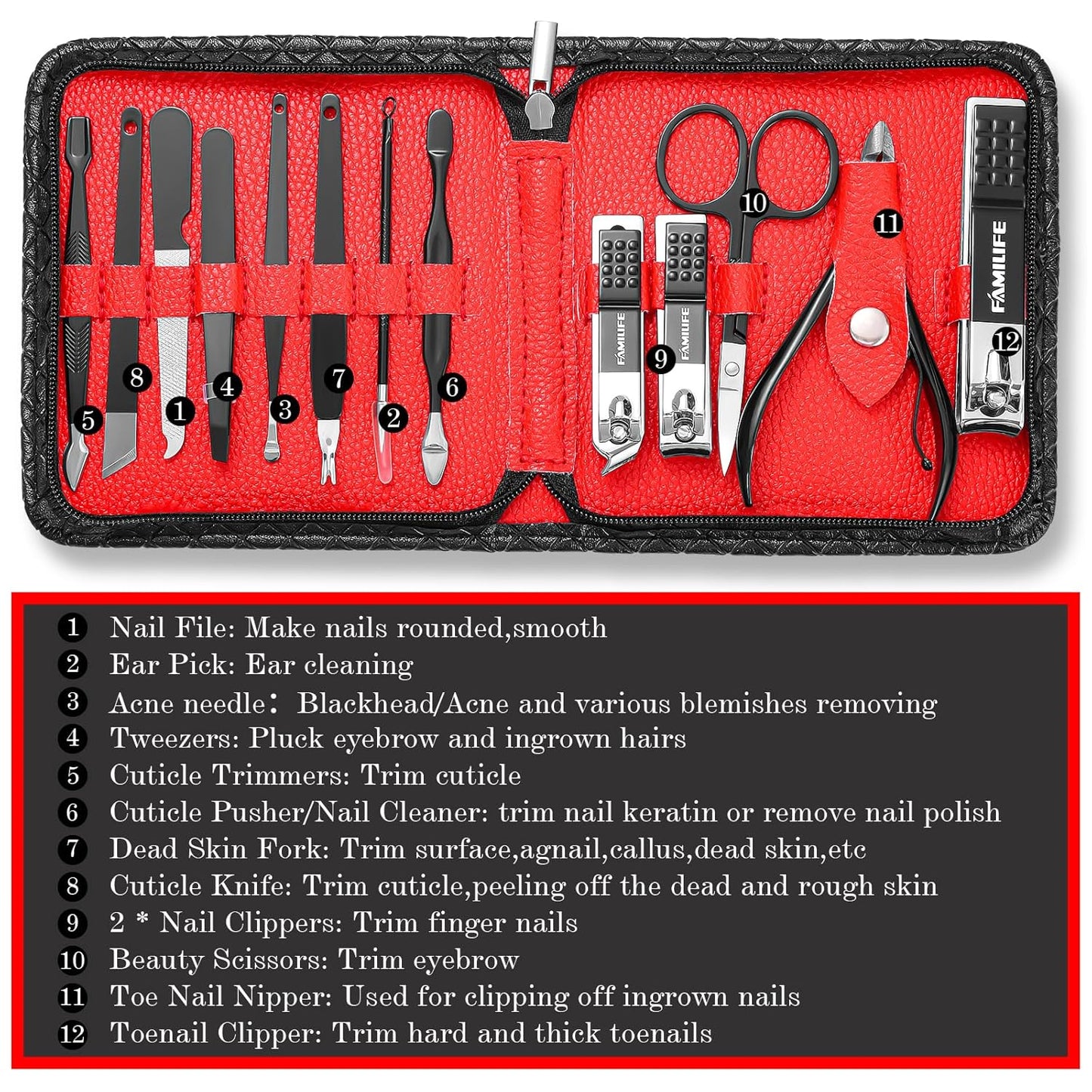 FAMILIFE Nail Kit, Professional Manicure Set Manicure Kit Nail Clipper Set, 13 in 1 Stainless Steel Pedicure Sets Clipper Tool, Men Grooming Tool with Portable Black Leather Travel Case for Him