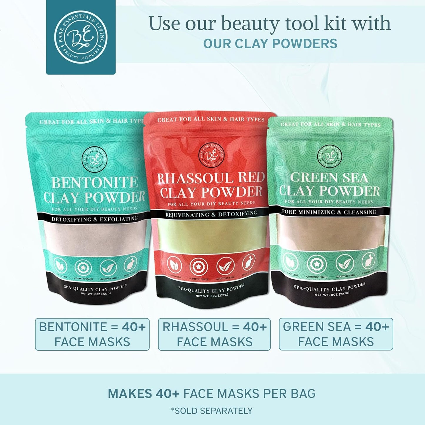 Bare Essentials Living - Clay Face Mask Mixing Bowl Set, Skin Care Kit Facial Bowls with Bamboo Lid, Face Mask Spoon, & Dual Sided Face Mask Brush Applicator for DIY Facial & Hair Clay Mask (Mermaid)