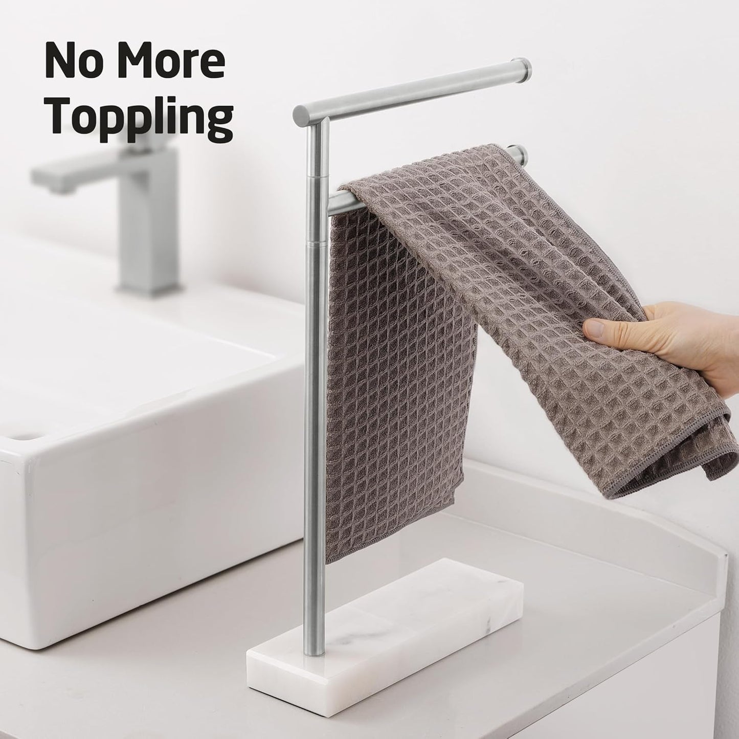 KES Hand Towel Holder Stand for Bathroom, Countertop Towel Stand with Weighted Marble Base, 17.3" Standing Swivel Towel Rack Adjustable 2 Arms, 18/8 Stainless Steel, Brushed Finish, BTH233A-2