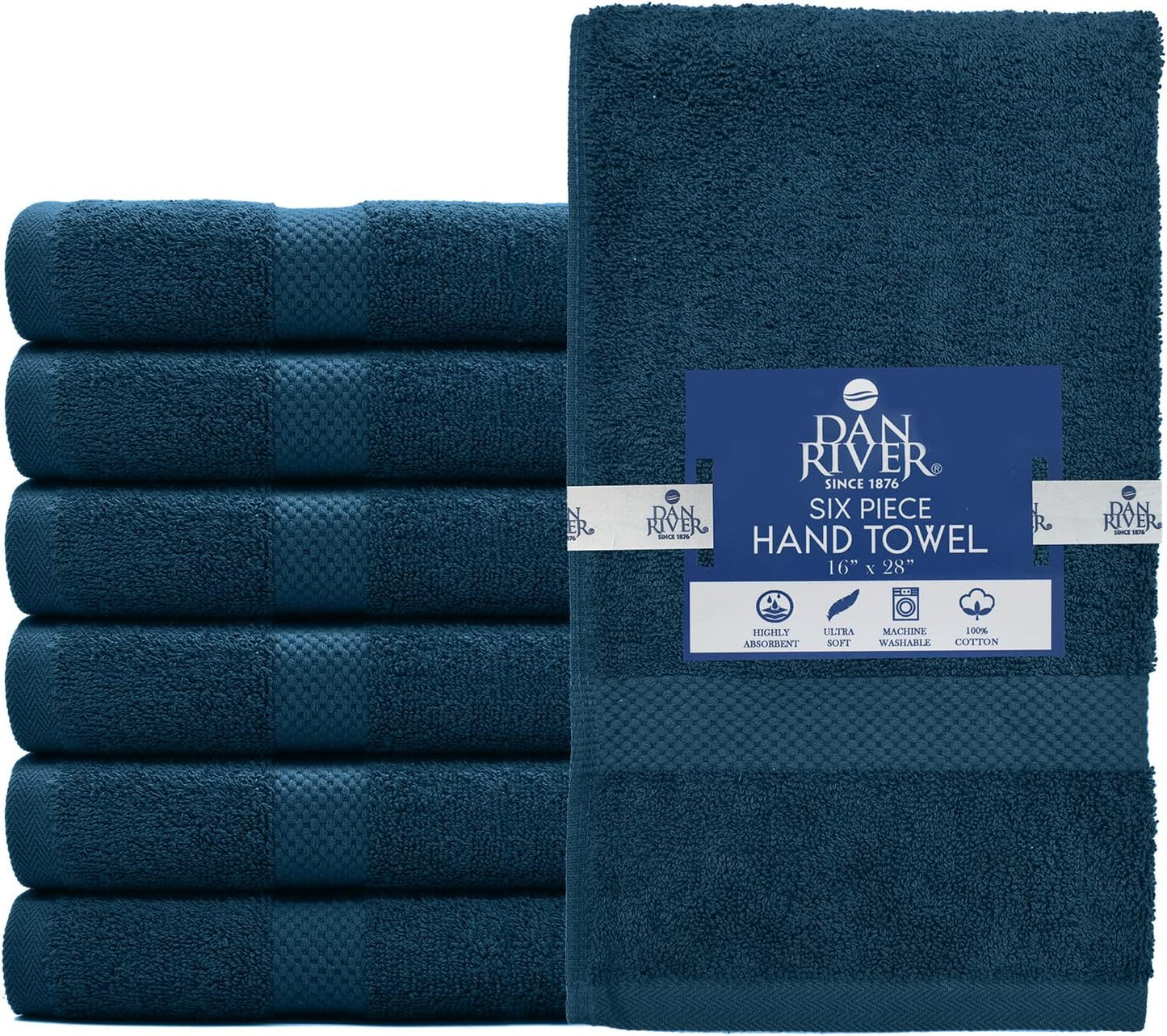 DAN RIVER 6-Pack Premium Hand Towels (16x28 Inches) - 100% Cotton, Ultra Soft, Lightweight, Highly Absorbent Towels for Bathroom, Spa, Gym, Salon, Hotel, and Travel - 550 GSM,Opal Blue