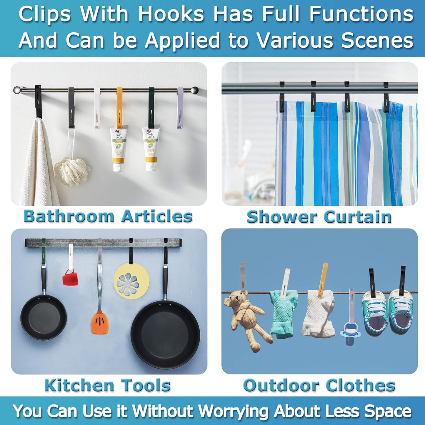 XoYoZo Laundry Hooks with Clips Hanger Closet Organizer Clamps Socks Boot Bras Towels for Bathroom Wardrobe Kitchen Office 4Pcs (Black)