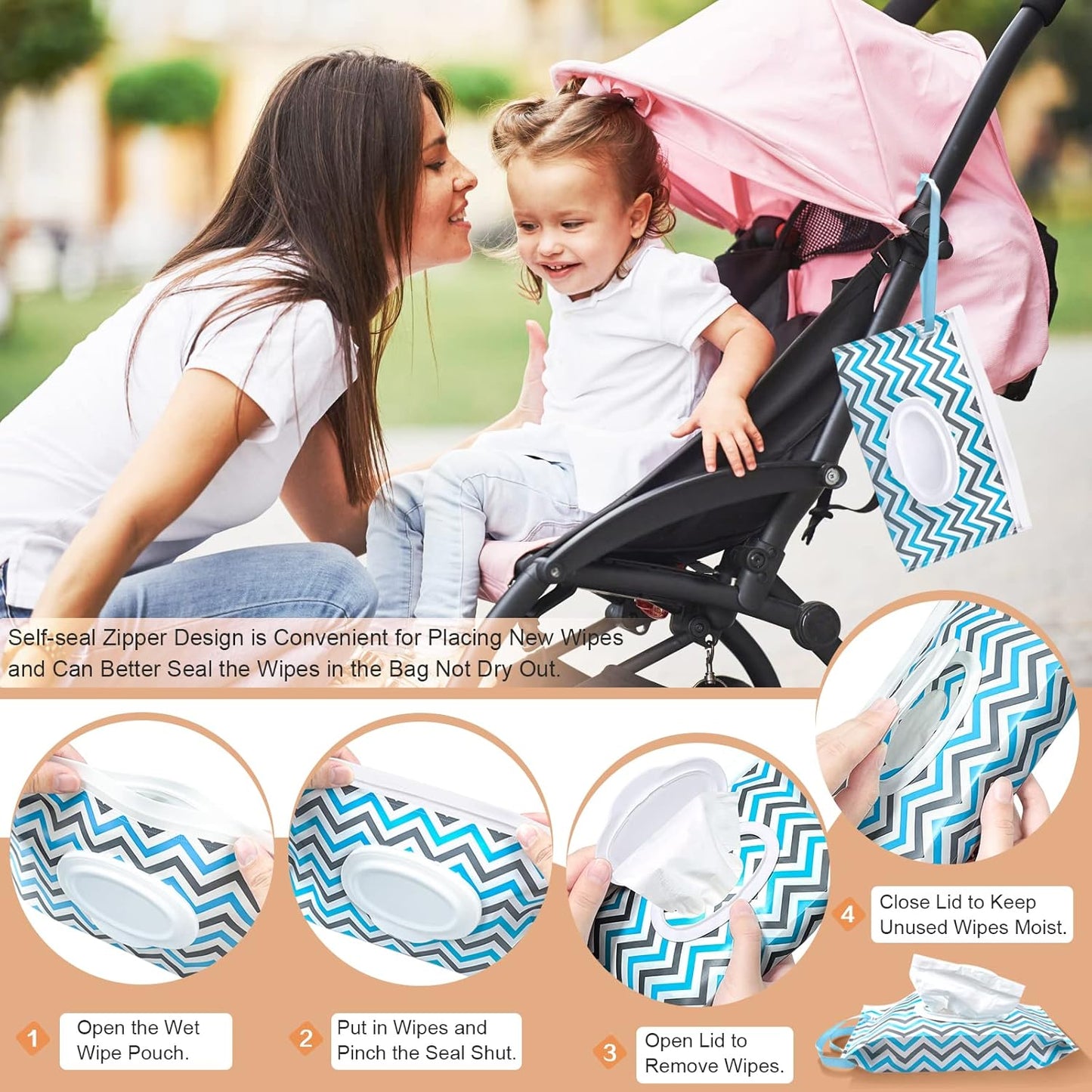 8Pcs Baby Wipes Dispenser, Reusable Baby Wipe Holder Box and Portable Wet Wipes Pouch, Refillable Wipes Pouch Case Container with Lid for Bathroom Baby Nursery Kitchen Office Travel (Blue+Orange)