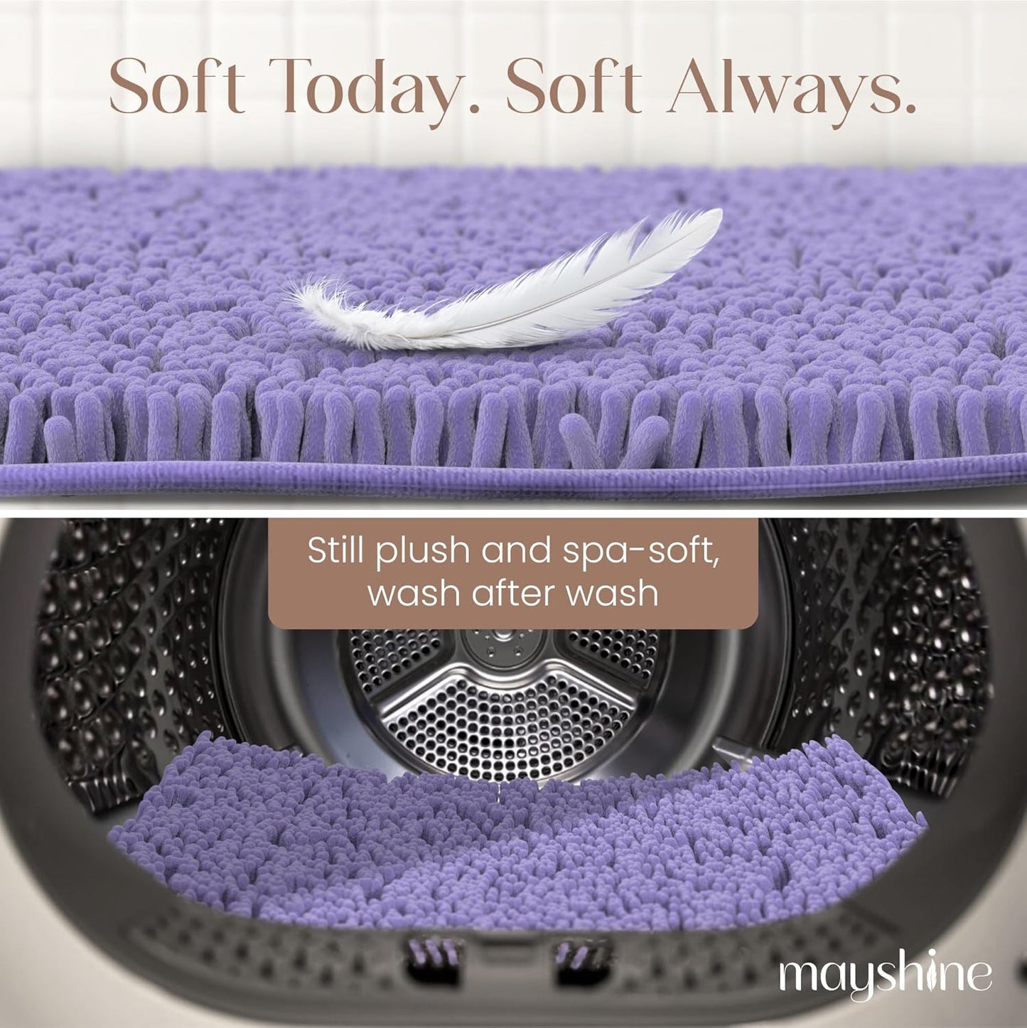 MAYSHINE Plush Shaggy Chenille Bath Mat | Extra Soft, Super Absorbent, Non-Slip Bathroom Rug | Fluffy Microfiber, Area Rug Sets for Bathroom Floor, Kitchen, Living Room | 32"x20" | Lavender