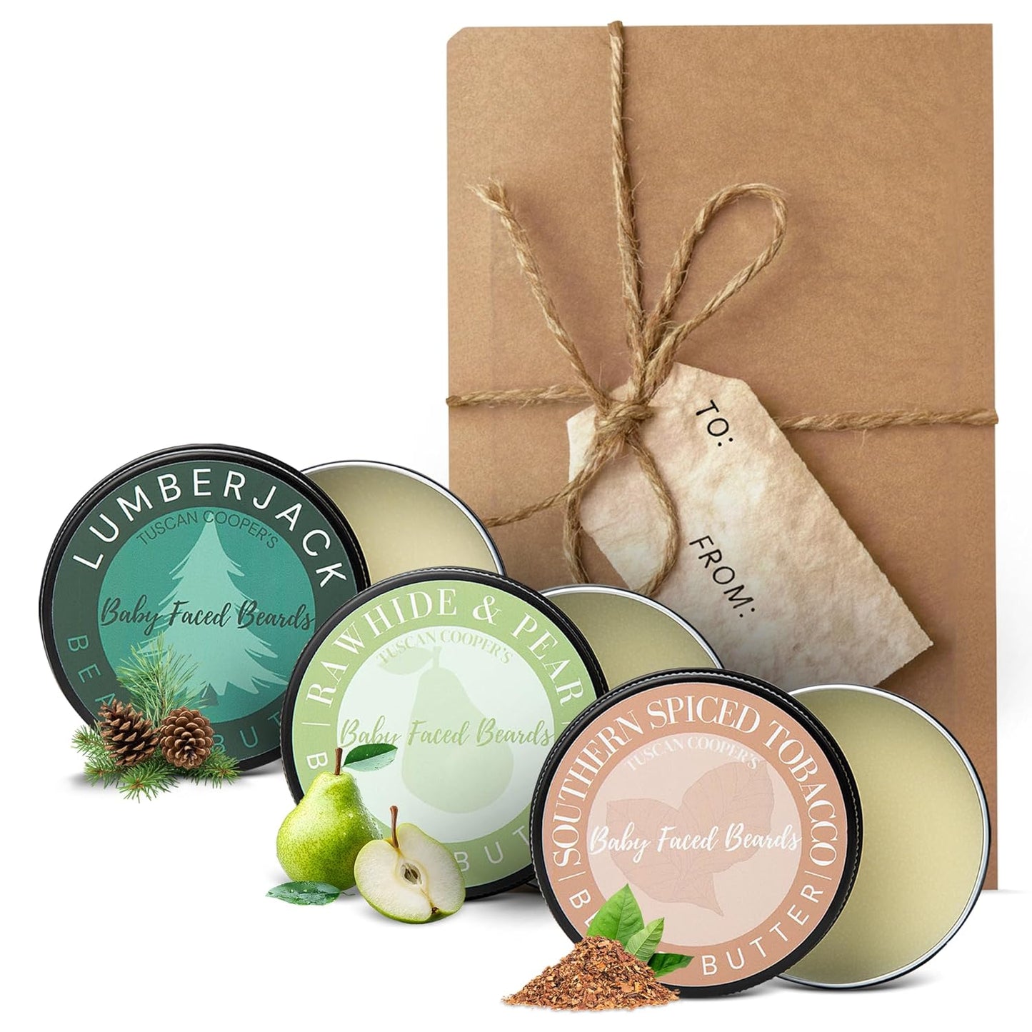 Tuscan Cooper's Baby Faced Beards Butter For Men - 3 Pk Bundle - Rawhide & Pear, Lumberjack, and Southern Spiced Tobacco Scents - Moisturizing Beard Balm for All Hair Types Including Coarse Hair