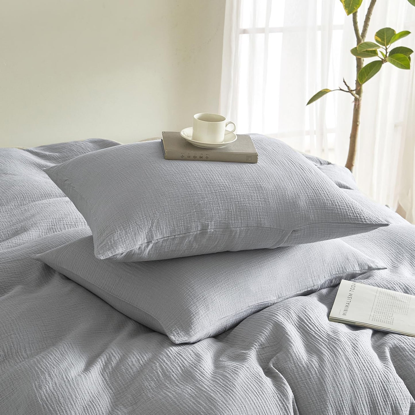 SE SOFTEXLY Muslin Pillowcases King Size 100% Cotton, 2 Pack Linen Like Pillow Shams with Envelope Closure, Ultral Soft and Breathable Pillow Case Covers, Light Grey, 20" X 36", No Filling