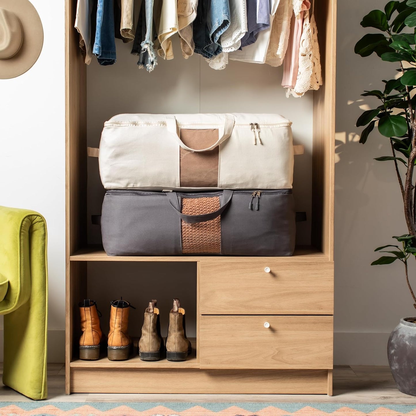 Soft Canvas Storage Bags with Zipper. Thick Breathable, 2pc King/Queen Comforter Organizer. Four Carrying Handles and Window. Large 25x19x9in Bag for Sheets Blankets Bedding Pillows, Clothes