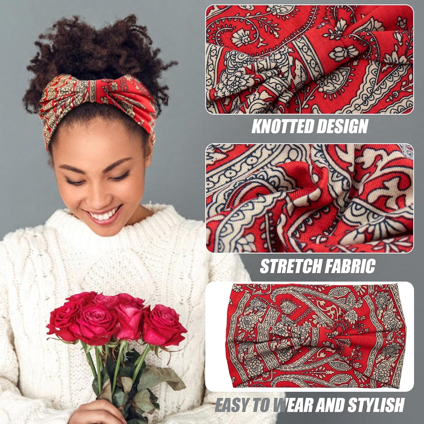 Yeshan Wide Headbands for Women Boho Knotted Head Wraps Turbans Non Slip Bandana Headbands Sport Yoga Workout Stretchy Hair bands,Pack of 6