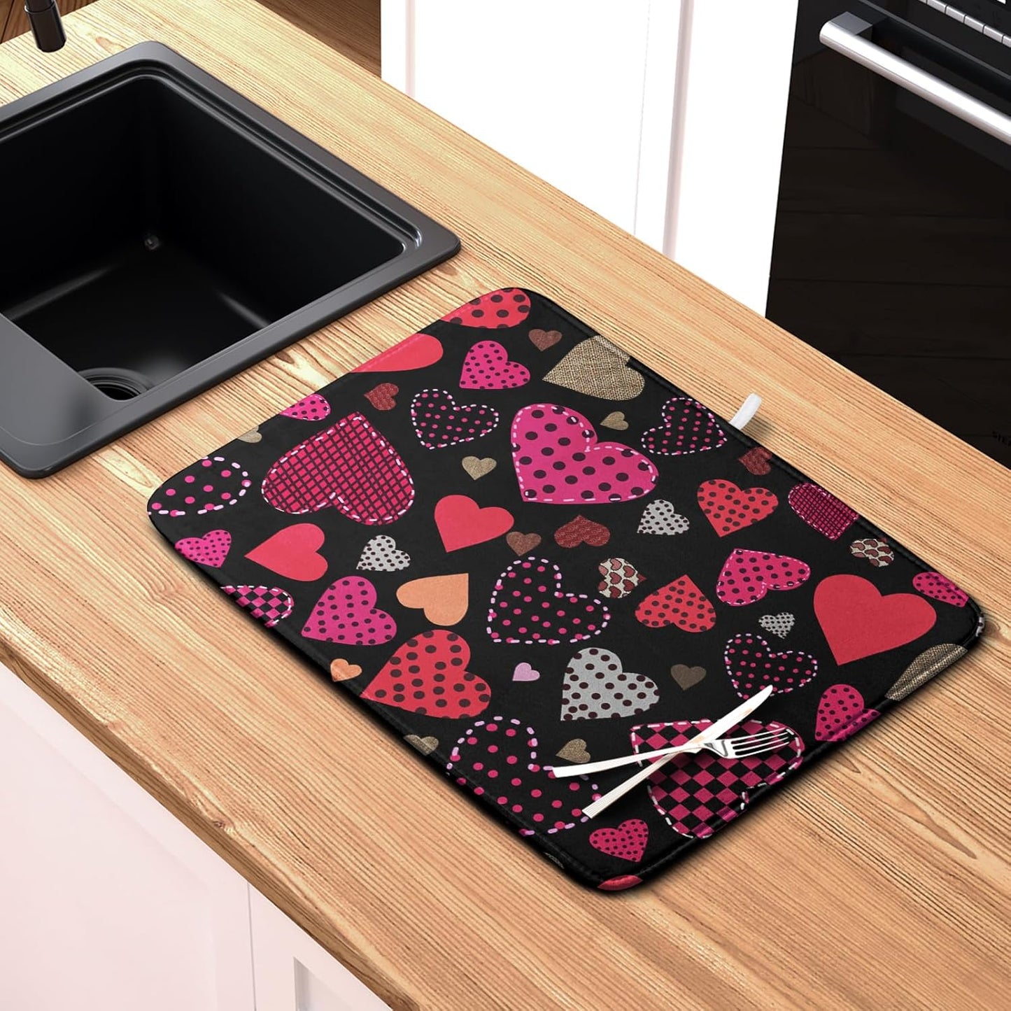 Happy Valentine's Day Kitchen Drying Mats for Dishes 18x24 Inch Love Heart Dish Drying Mat Black Pink Polka Dots Dish Drainer Mat Super Absorbent Dish Rack Pad for Coffee Bar Sinks