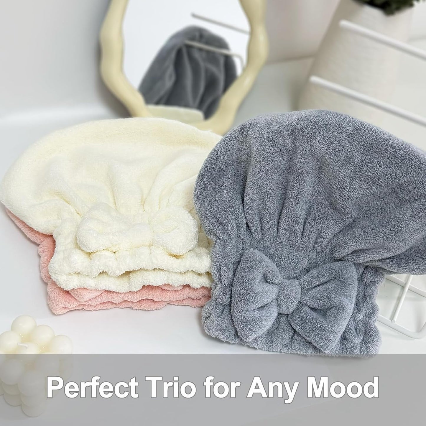 Jseng 3Packs Microfiber Hair Towel for Women - Quick-Drying, Super Absorbent Hair Wrap with Bow Design, Soft Hair Towel Turban for Curly Long Wet Hair