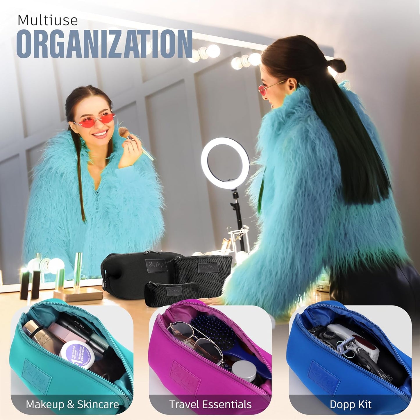 Kat Myhr Neoprene Washable Travel Makeup & Cosmetic Bag Set, 2 Air Mesh Pouches,100% Neoprene Toiletry Bag, Large Water Resistant Travel Bag for Toiletries, Makeup Cosmetic Travel Bag (Jet Black)