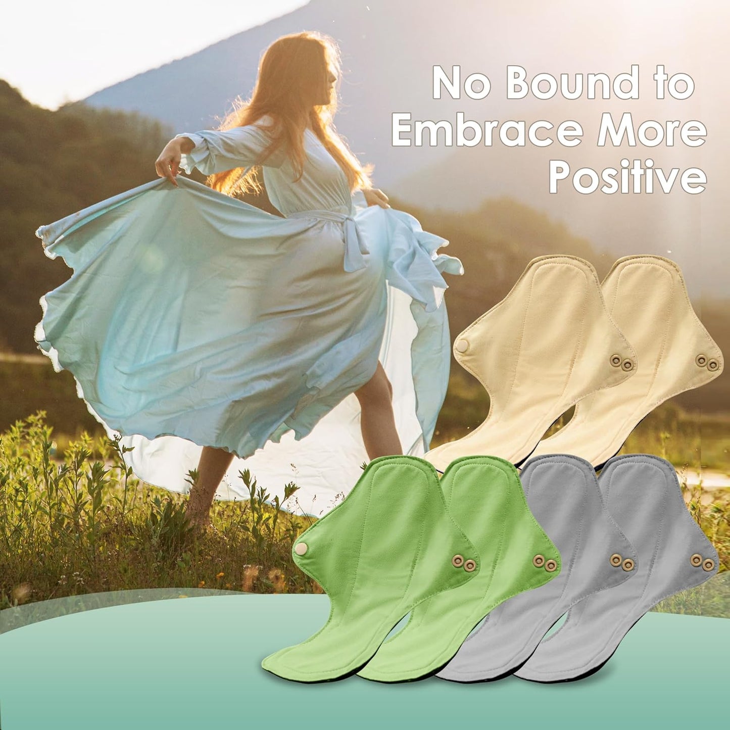 wegreeco 6 Pcs Reusable Menstrual Pads, Ultra Absorbent Cloth Pads for Heavy Flow, Sanitary for Teens, Women, Nonslip, Inner Mustard Yellow, Grey, Beige, Rose Gold Outer, L