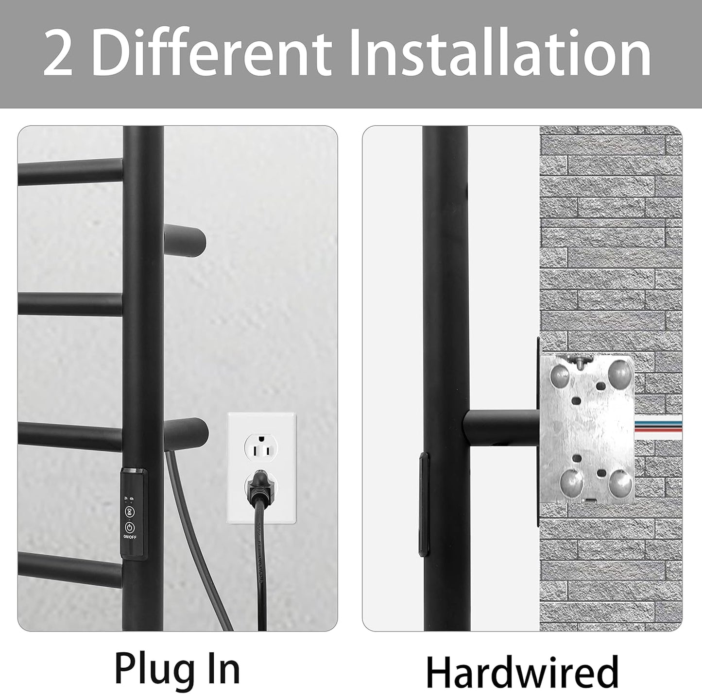 KEG Towel Warmer Wall Mounted with Built-in Timer 8 Bars Electric Stainless Steel Heated Towel Racks for Bathroom, Hot Plug-in Bath Towel Heater Matte Black (TW-8-MB)