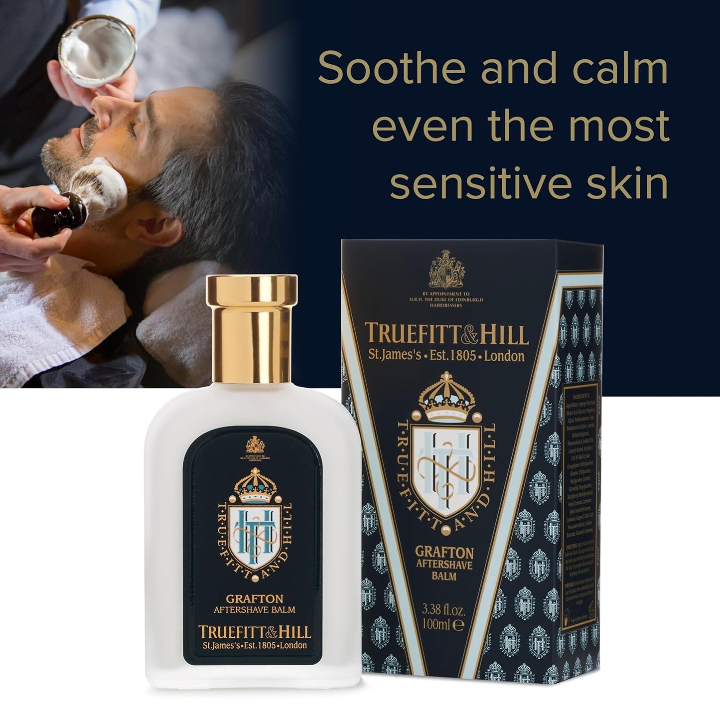 Truefitt & Hill Luxury Aftershave Balm - Grafton - Premium Soothing Moisturizer with Aloe Vera Extract - Ideal for Sensitive Skin, Razor Burn Relief, and a Silky Smooth Finish - 3.38 oz.