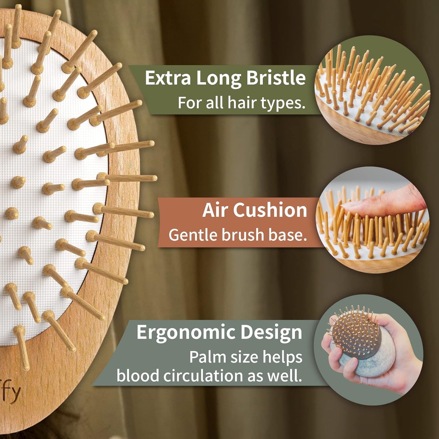 Uffy Acubrusher – 24K Gold-Plated Gua Sha Hair Brush - Ergonomic Scalp Massager for Dandruff & Hair Growth, Suitable for All Hair Types - Ideal Gift Choice in Beech Wood