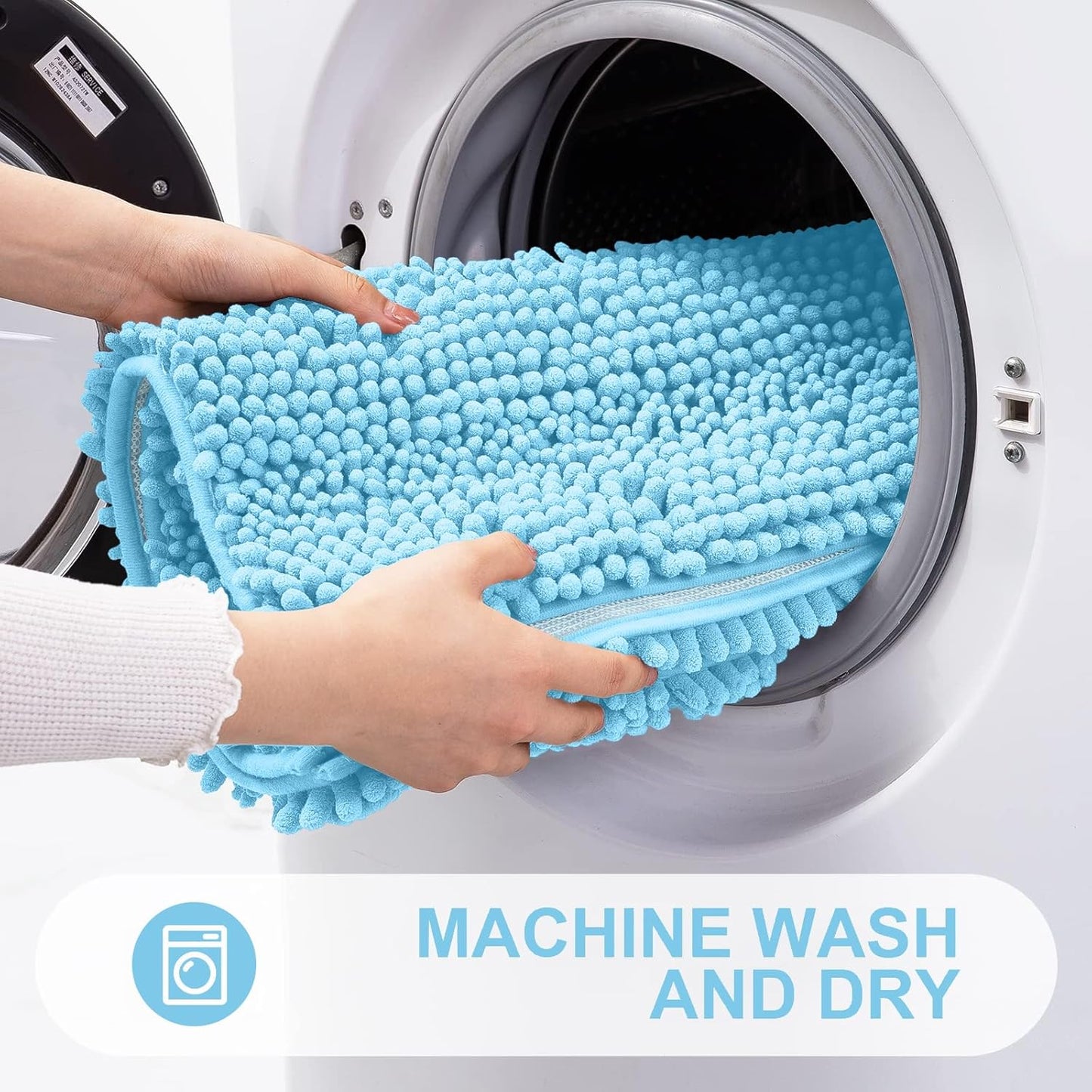 Grandaily Chenille Striped Bathroom Rugs 30x20, Extra Thick and Absorbent Bath Mats, Non-Slip Soft Plush Shaggy Shower Carpet, Machine Wash Dry, Bath Rug for Bathroom, (Medium, Blue)