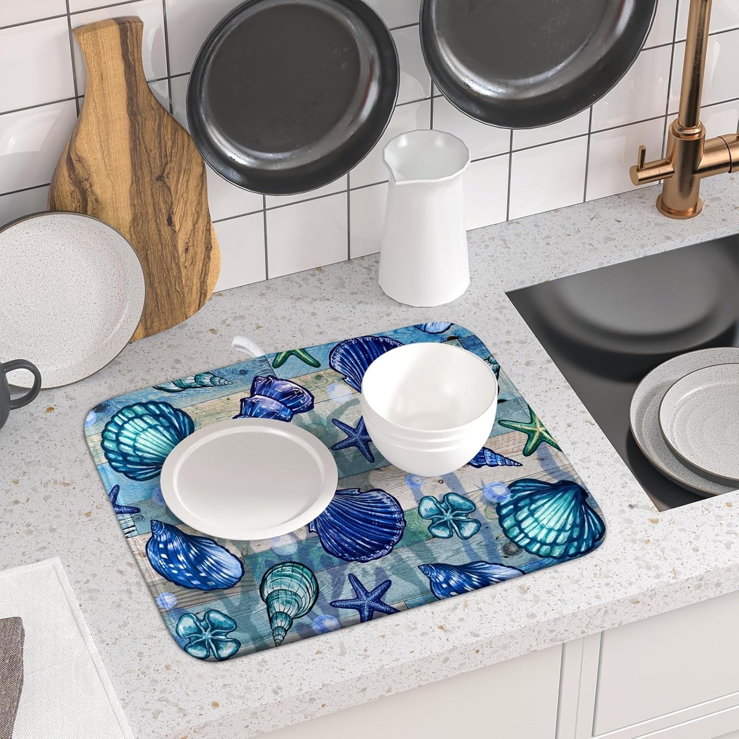 Starfish Seashell Dish Drying Mat 16x18 inch Coastal Beach Dish Drainer Rack Pad Absorbent Microfiber Fast Dry Kitchen Counter Accessories