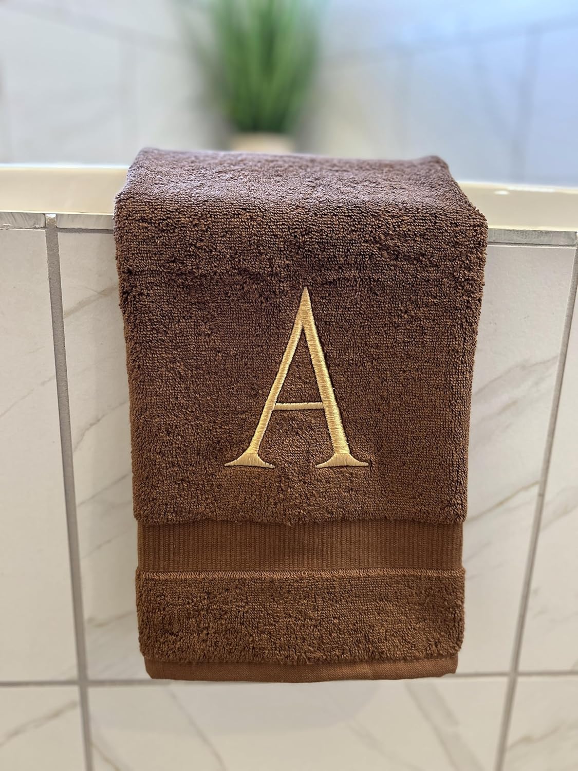 Brown Initial Hand Towel for Bathroom - Monogrammed Luxury Hotel Quality Decorative Embroidered Towel for Powder Room, Spa - GOTS Organic Certified - Set of 2 Beige Letter M