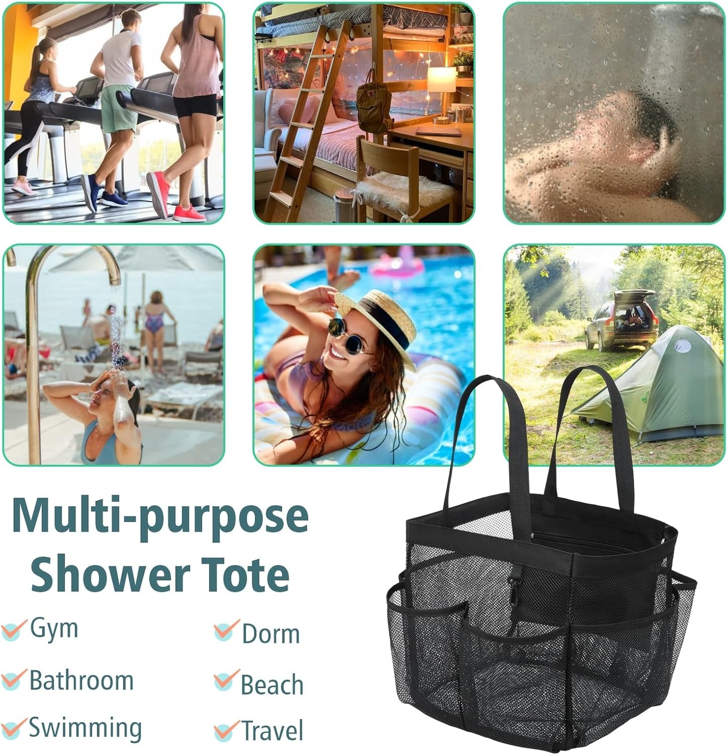 F-color Mesh Shower Caddy Portable, X Large 7 Deeper Pockets Shower Bag Basket Tote for College Dorm Room Bathroom Essentials Gym Camp Quick Dry 2 handles with S Hook, 2 Pack Black