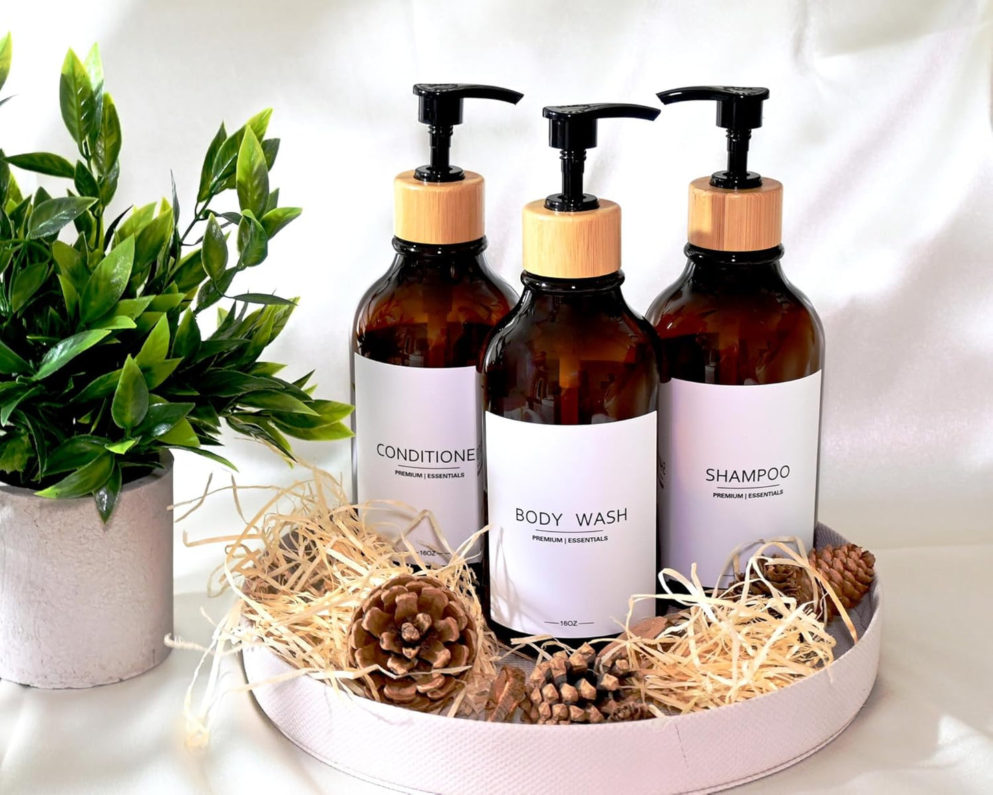 Shower Shampoo and Conditioner Bottles, Apothecary Dispenser Bamboo Pump, Refillable Bottles for Lotion Oil Hand Soap and Dish Soap, Plastic Set (3 Bottles 9 Labels) (3, Amber)