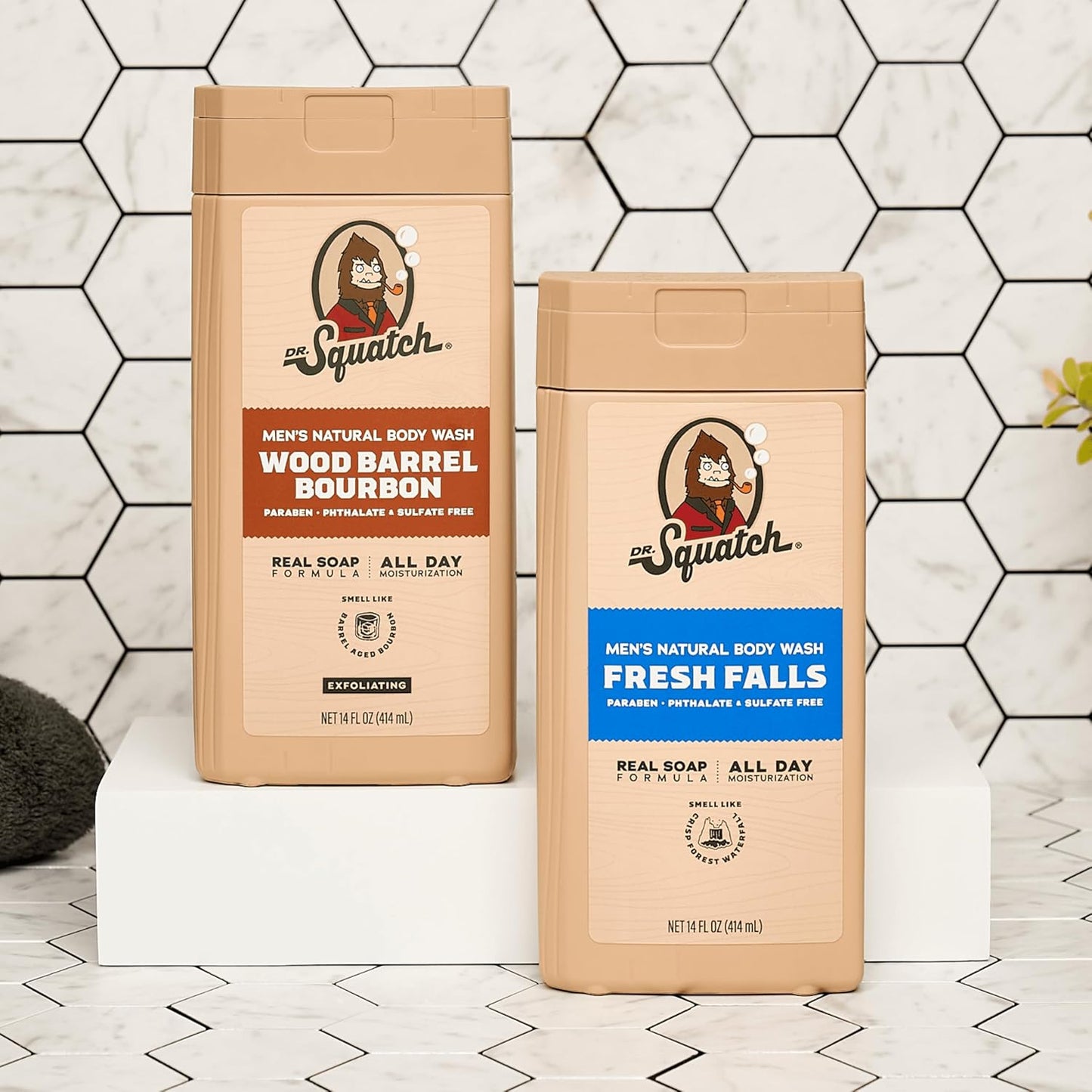 Dr. Squatch NEW Body Wash for Men with Nourishing, Natural Ingredients | No Paraben, Phthalate, Sulfate | All Day Moisture | Long Lasting Scent | Wood Barrel Bourbon & Fresh Falls (14 oz, 2-Pack)