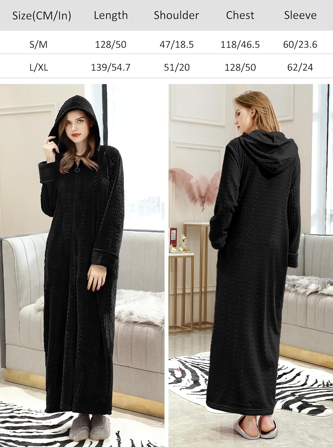 Hellomamma Long Hooded Zipper Bathrobe for Womens Flannel Fleece Robes Winter Warm Housecoat Nightgown Sleepwear Pajamas